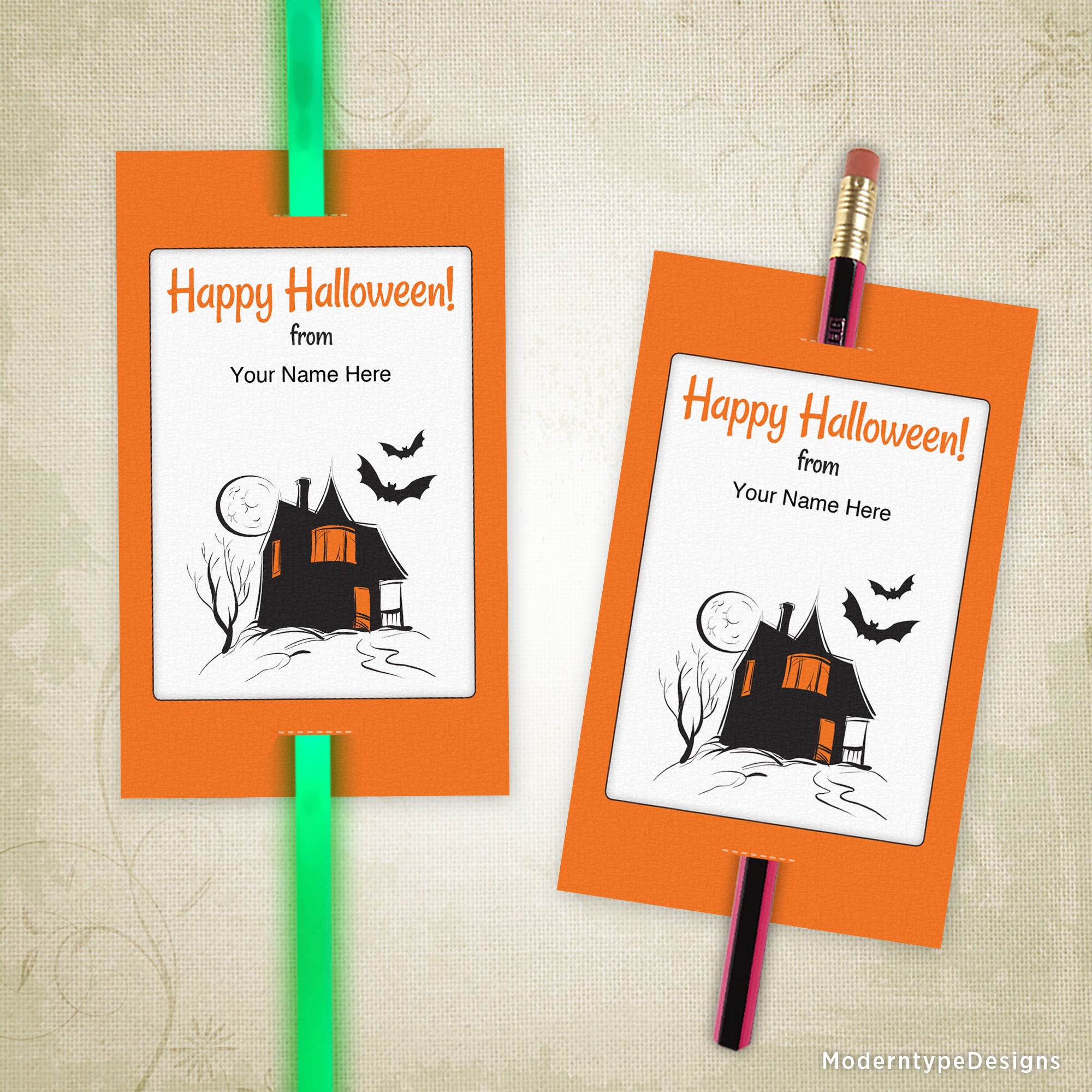 This is a printable PDF Halloween Glow Stick, Pencil Tag Insert template with 1 editable field per tag.