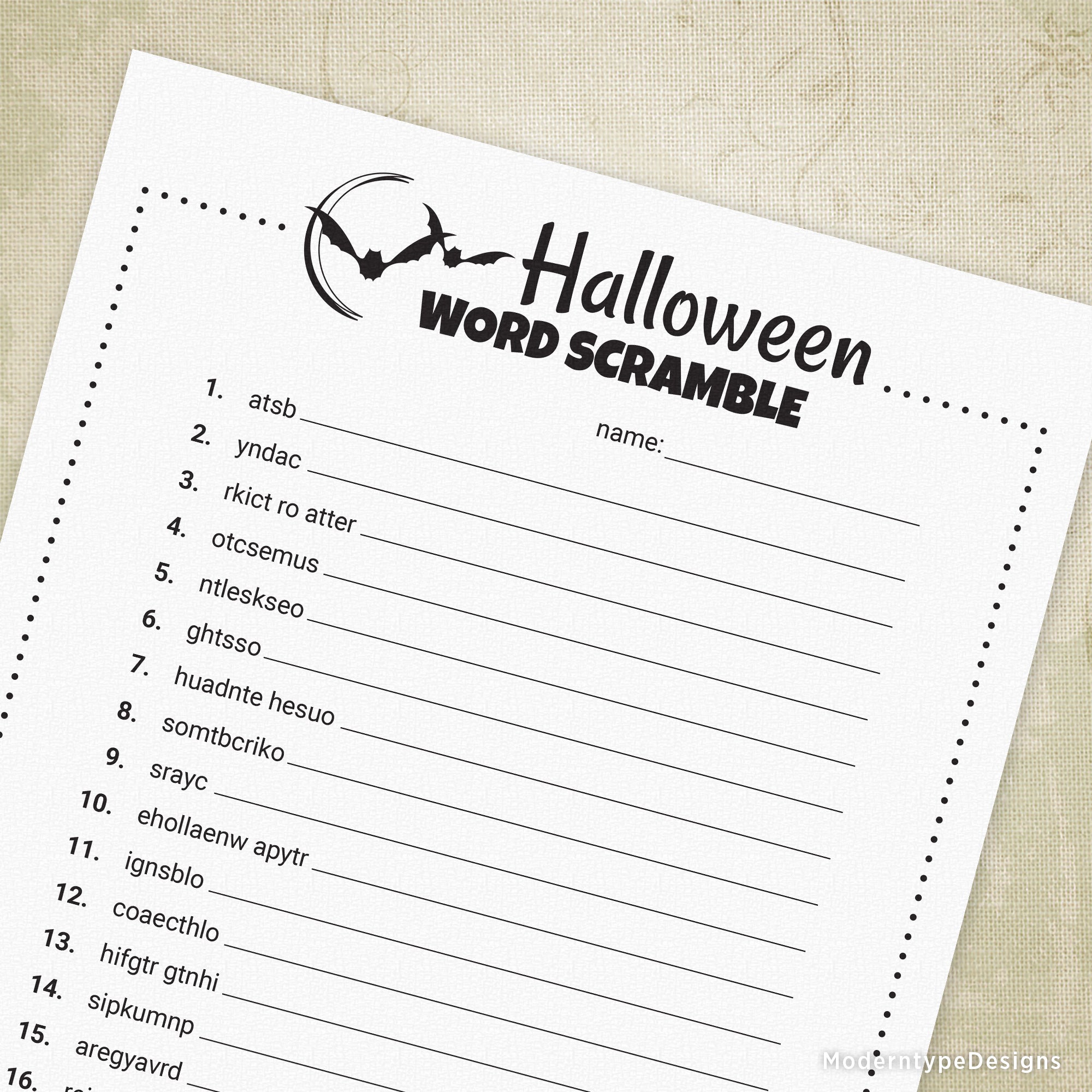 A printable Halloween Word Scramble Game sheet with various words scrambled for participants to guess, with space for name and numbering.