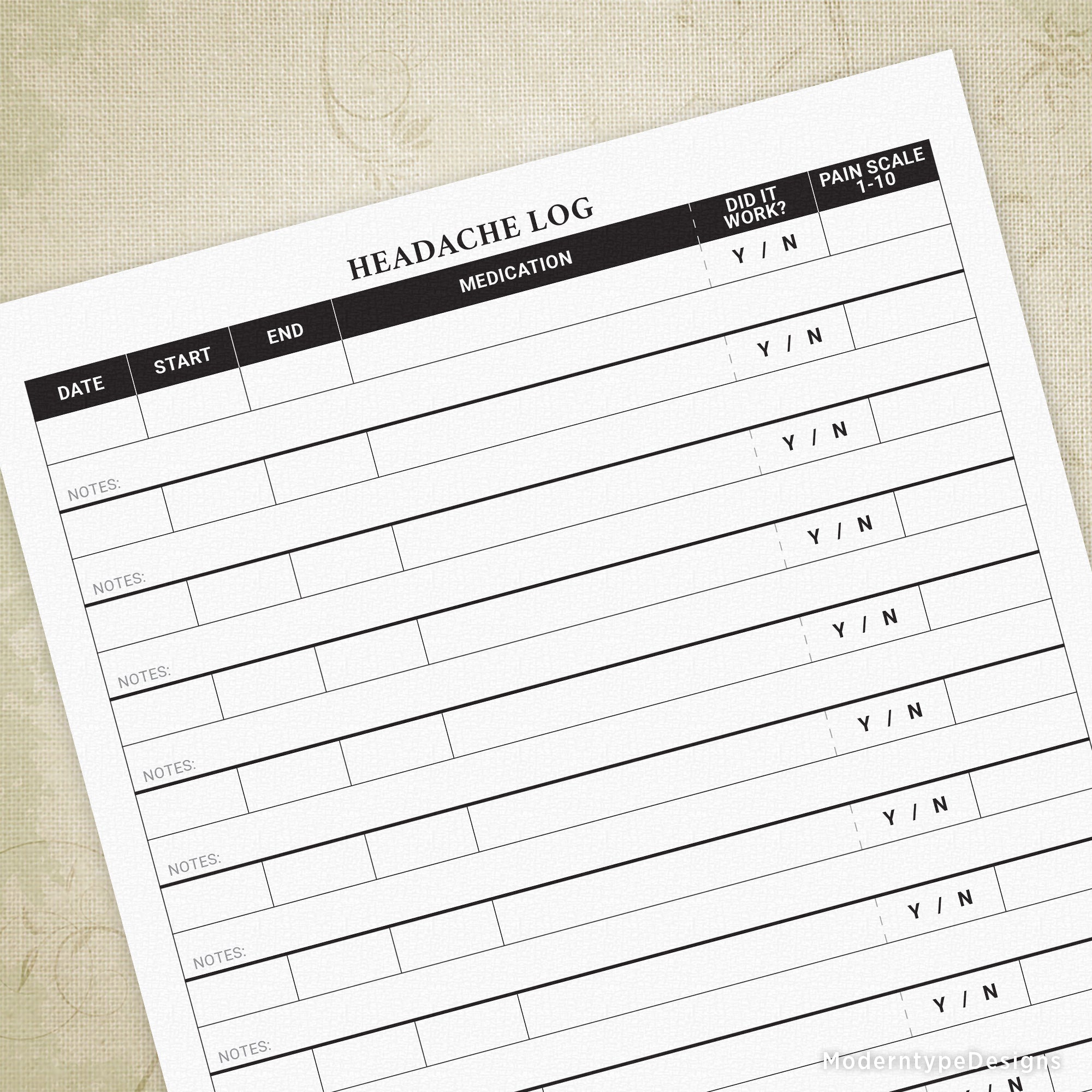 Printable headache log form with sections for date, pain scale, medication, and other notes.