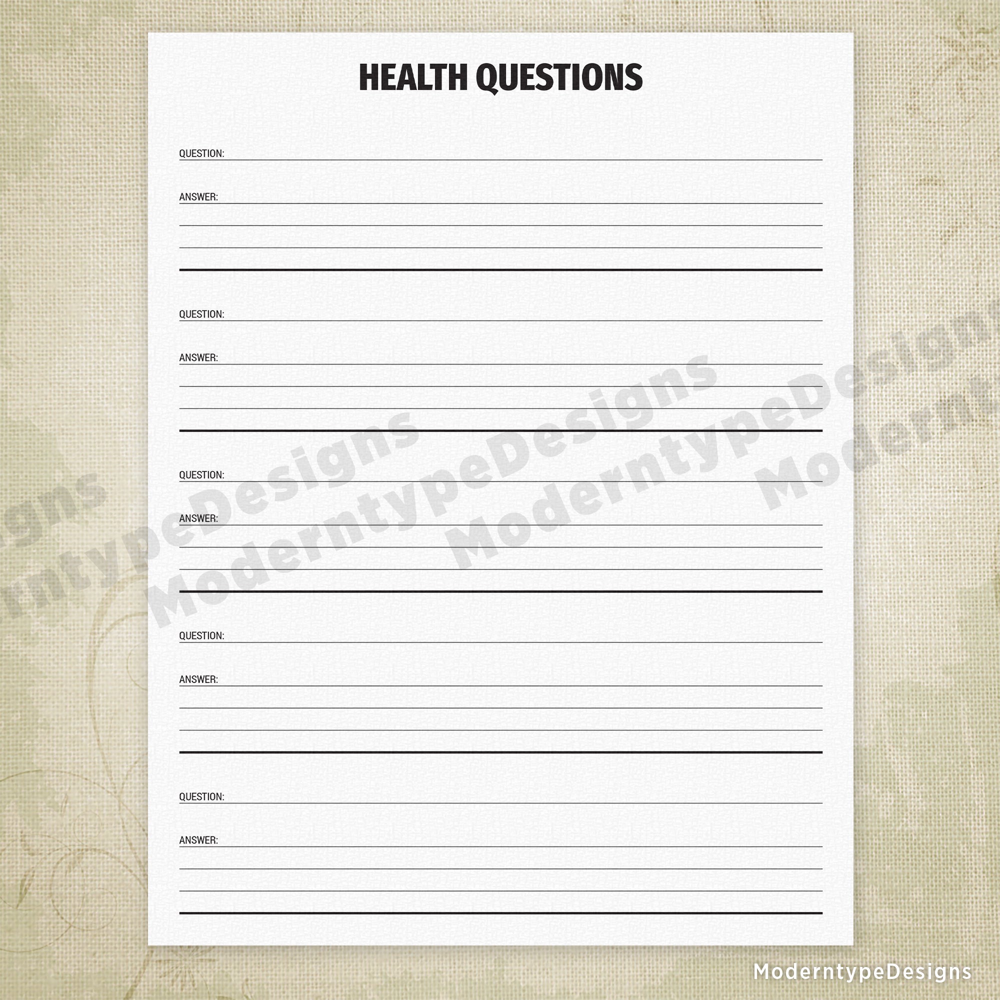 Health Questions Printable Form #2