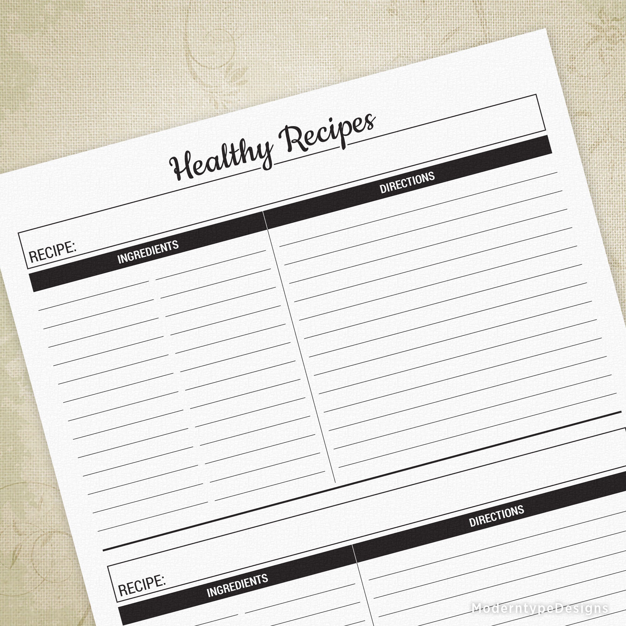 A printable healthy recipes form with spaces for writing recipes, ingredients, and directions.