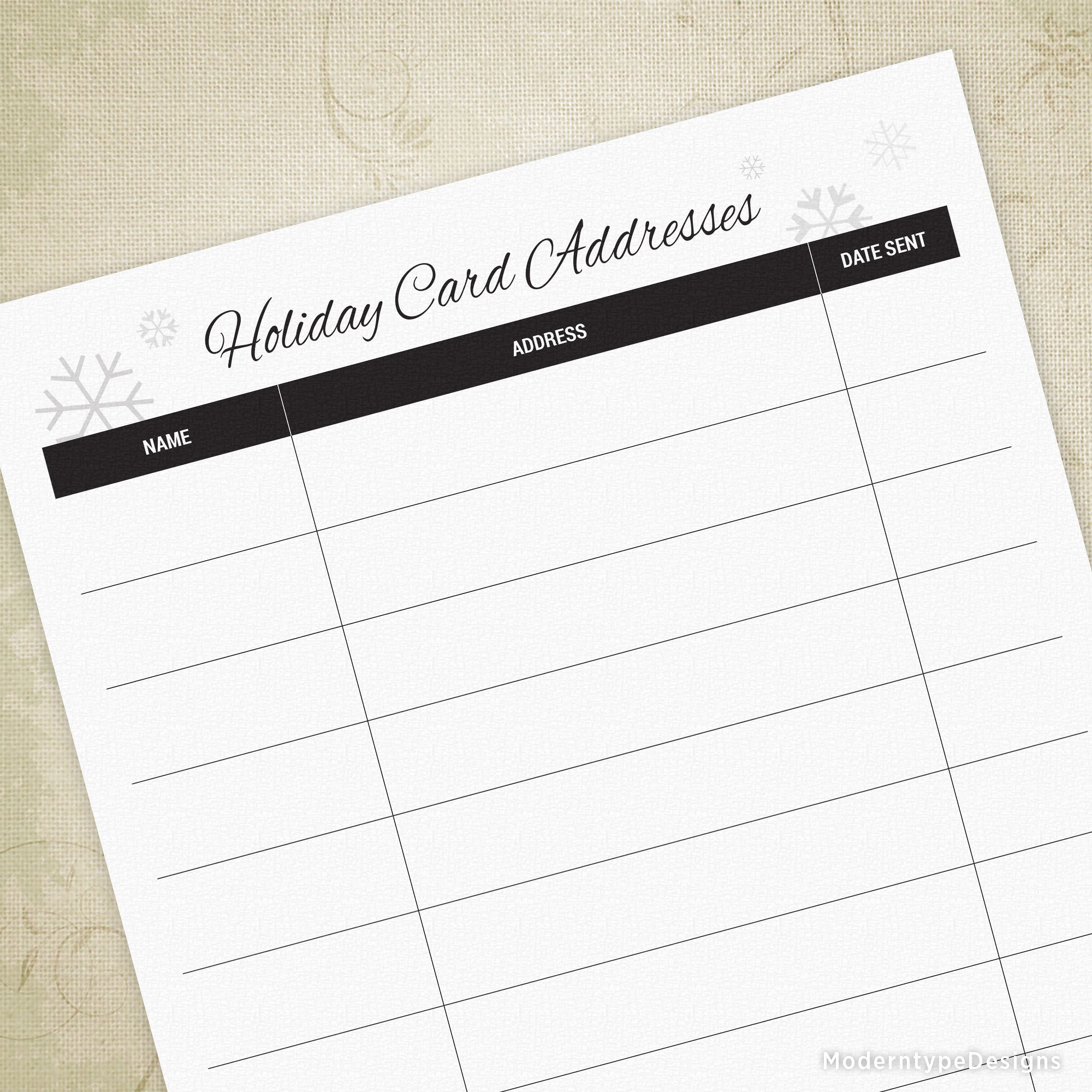 Printable holiday card address sheet with a column for name, address, and date sent.