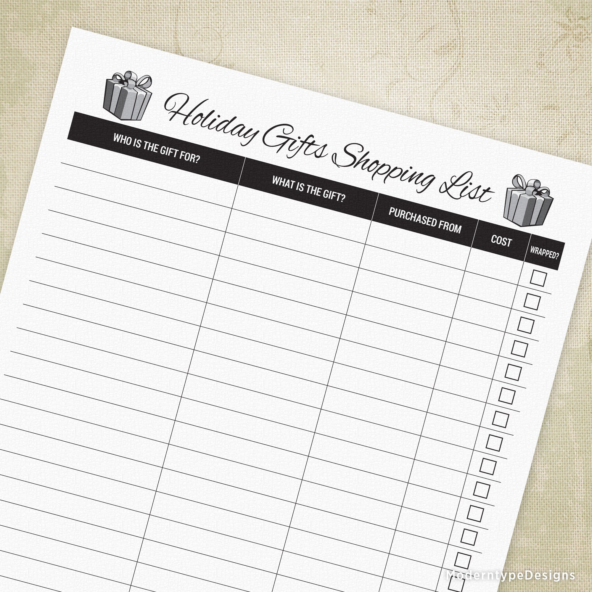 A printable Holiday Gifts Shopping List with columns for gift details, cost, and wrapping information.