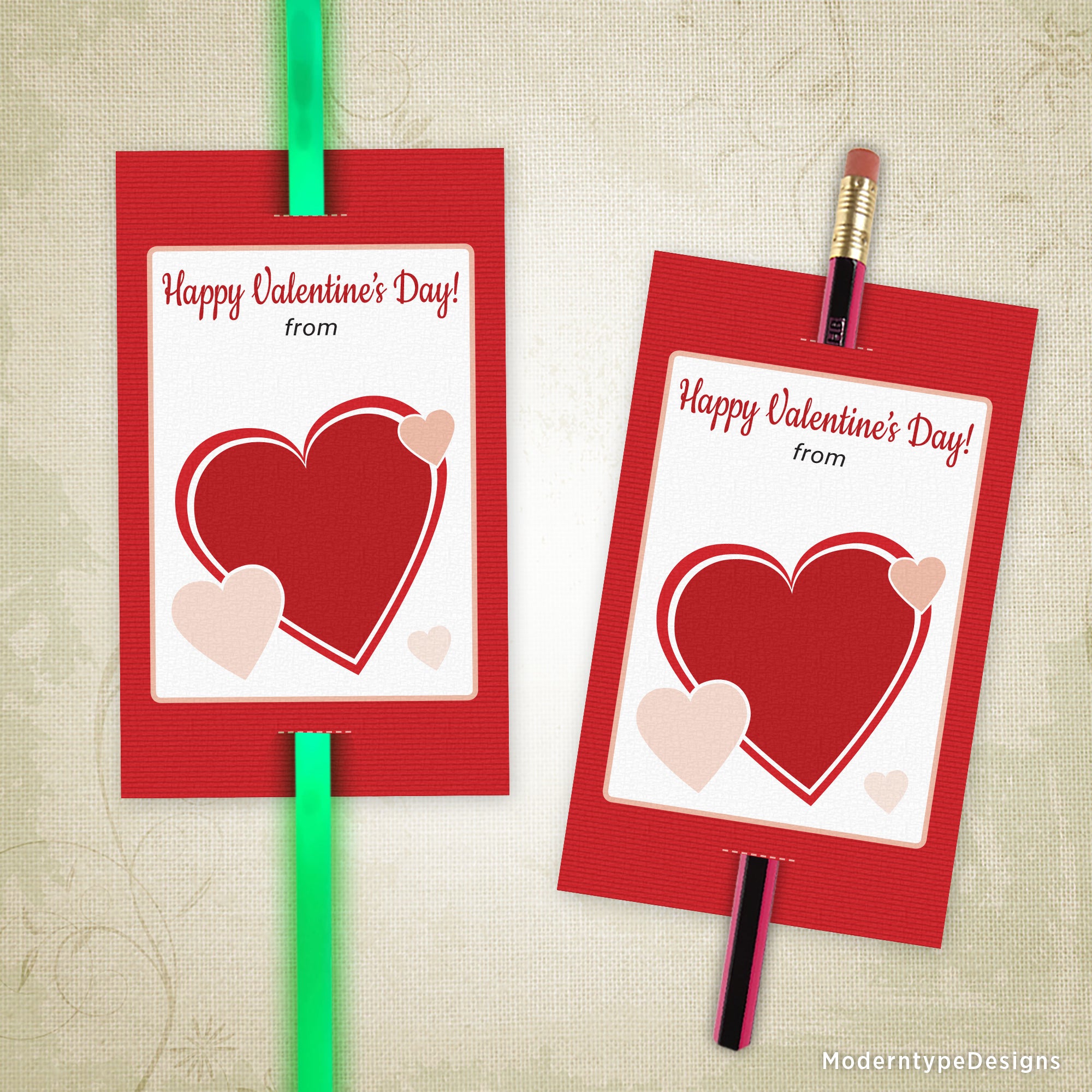 This is a printable PDF Valentine's Day Glow Stick, Pencil Tag Insert template with 1 editable field per tag.