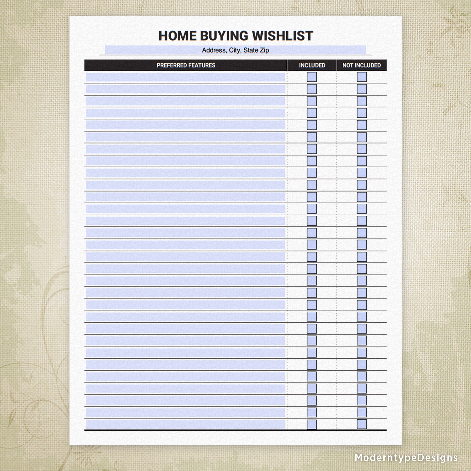 Home Buying Wishlist Printable, Editable