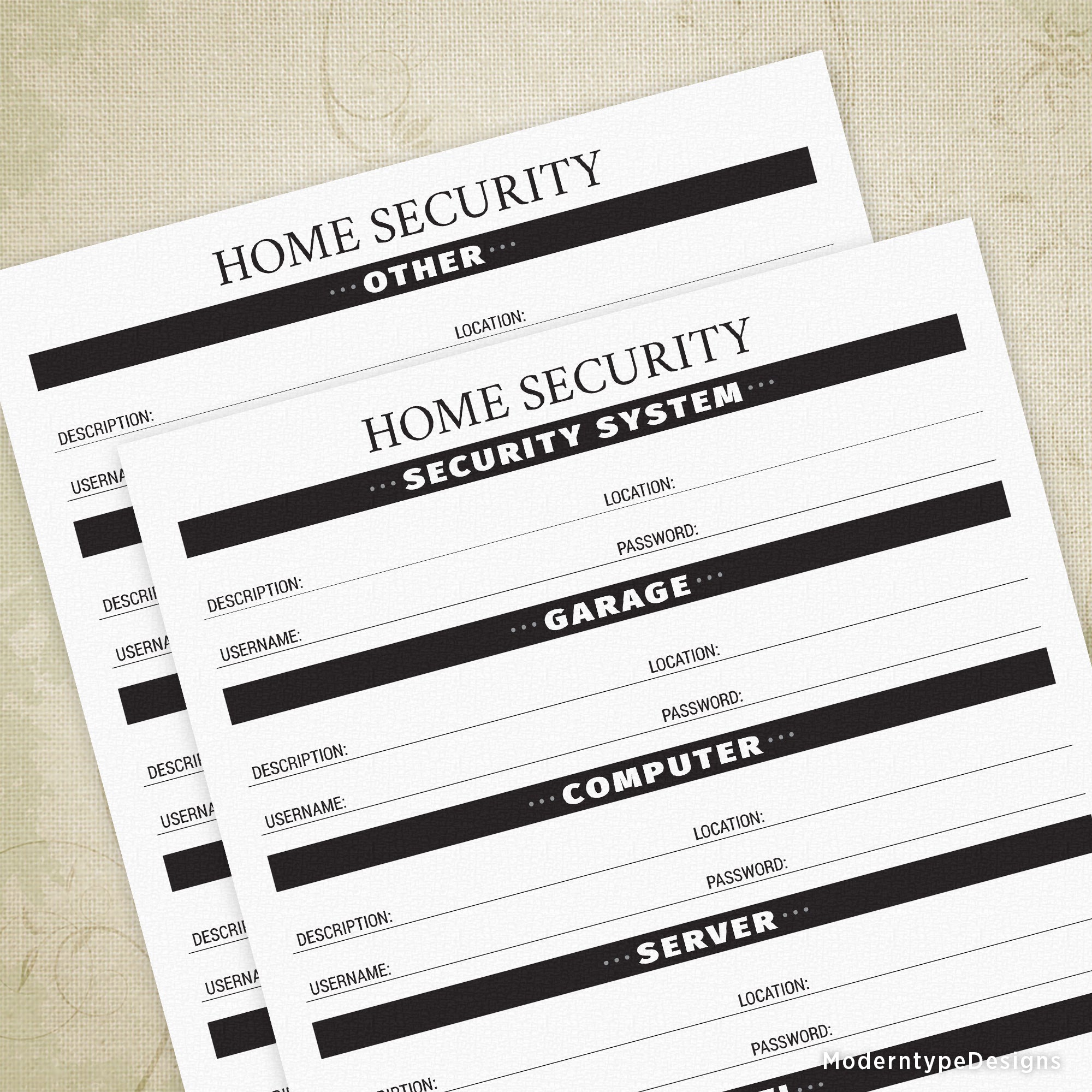 Two pages of a black and white printable home security form with sections for listing different types of home security systems and a location for each.