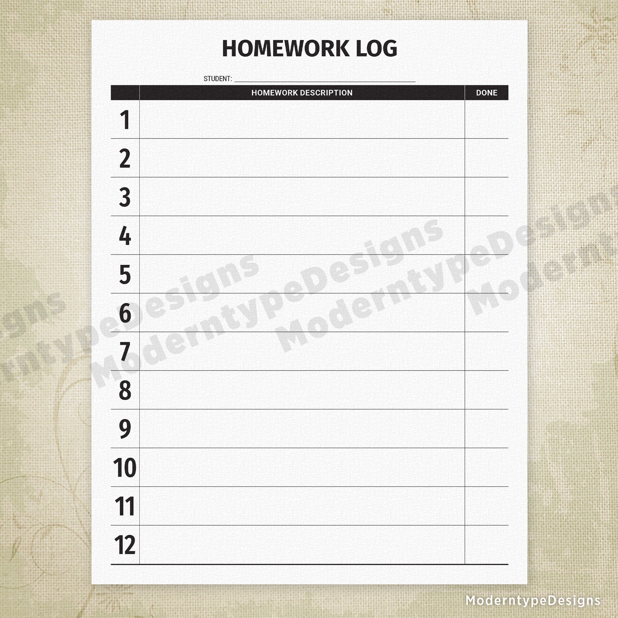 Homework Log Printable #3
