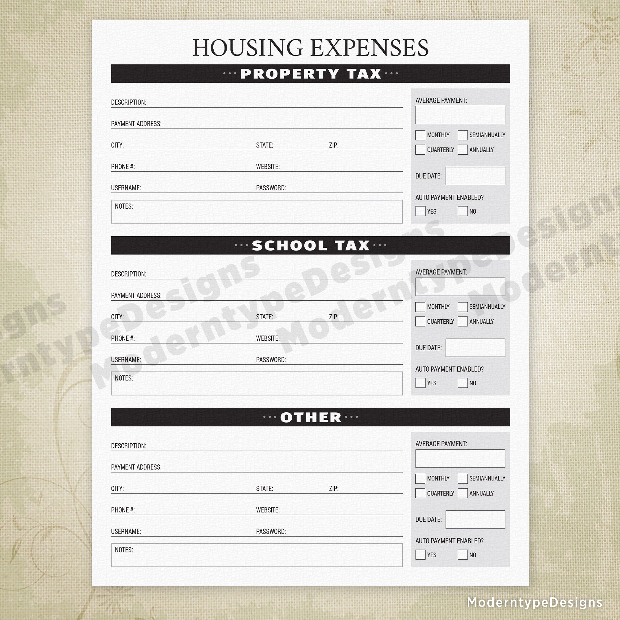 Housing Expenses Printable - End of Life