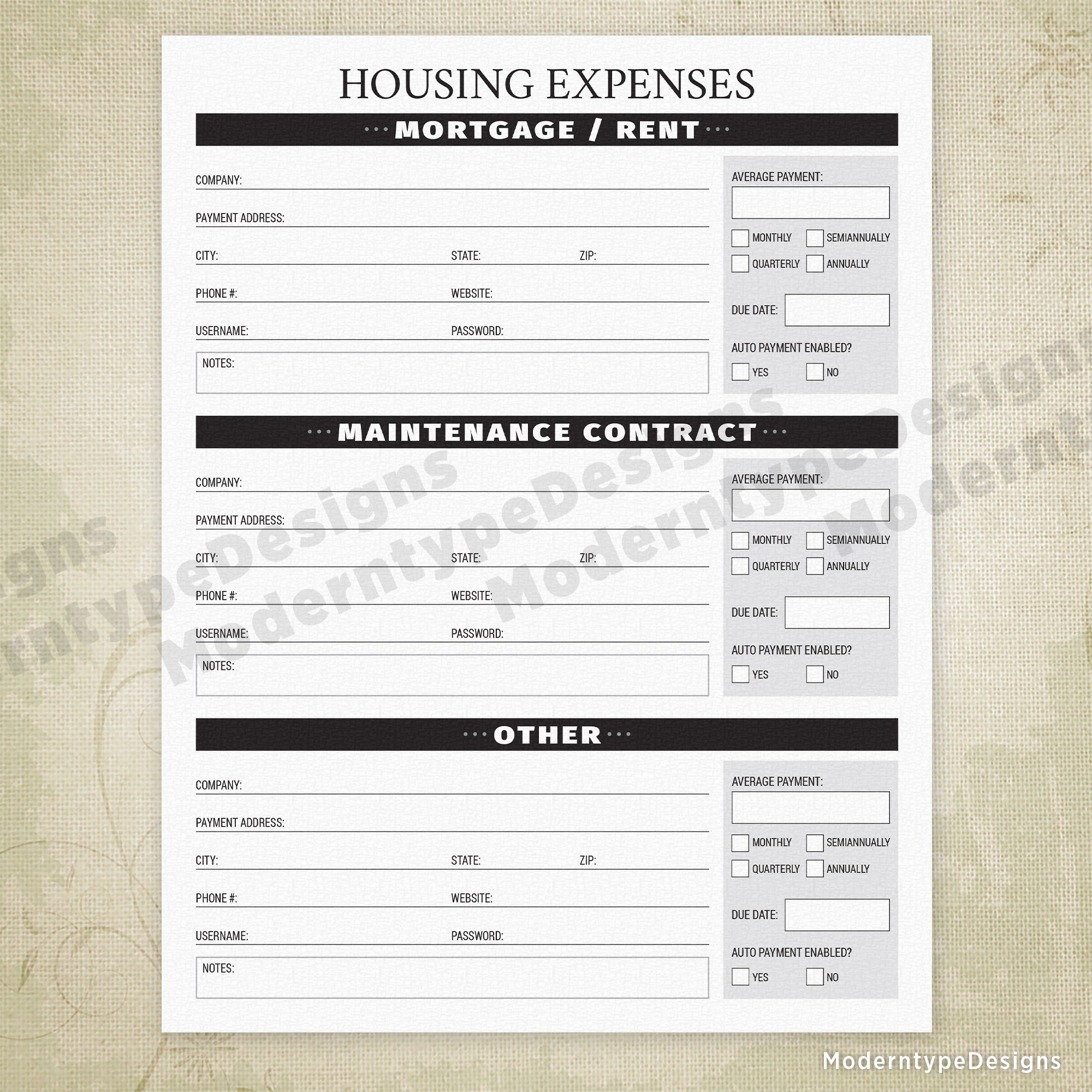 Housing Expenses Printable - End of Life
