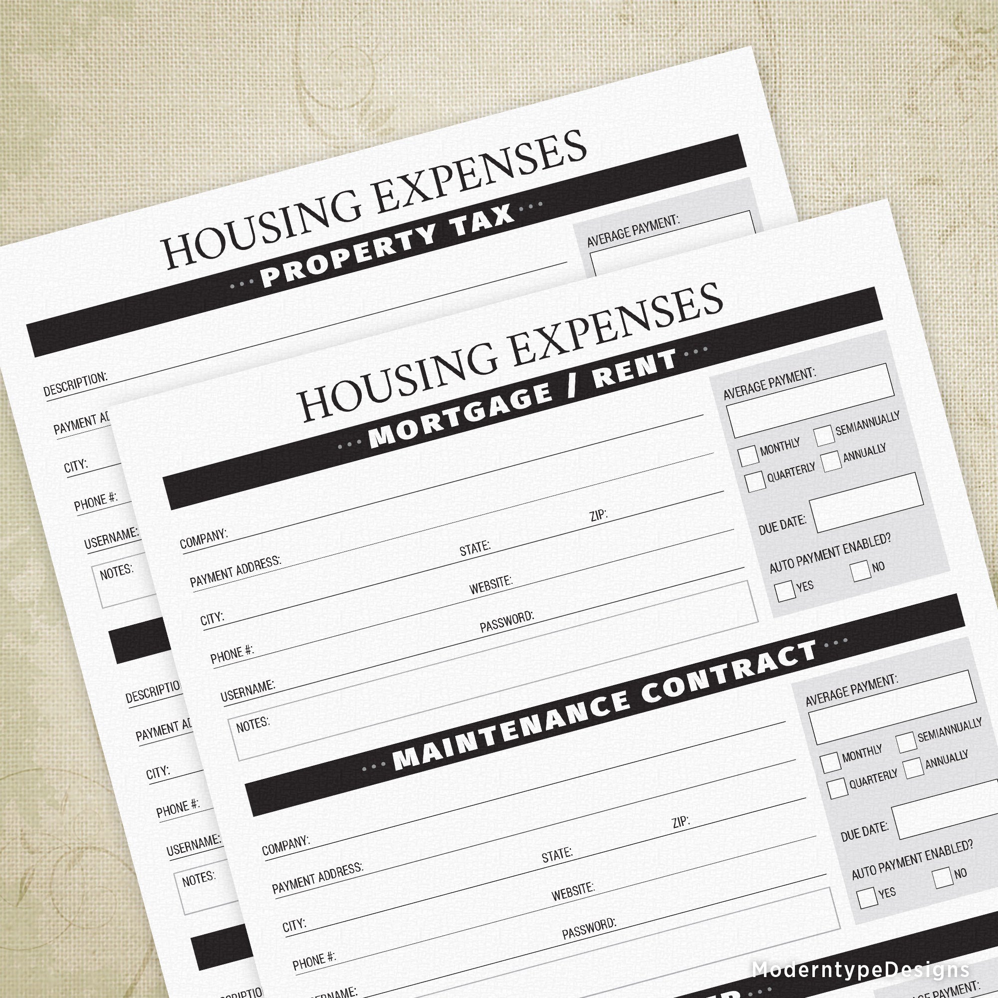 This is a 2-page PDF Housing Expenses printable. Help those who may care for your expenses after you have gone with a form that includes 2 pages to write in info for (page 1) Mortgage / Rent, Maintenance Contract, and Other (page 2) Property Tax, School Tax, and Other.