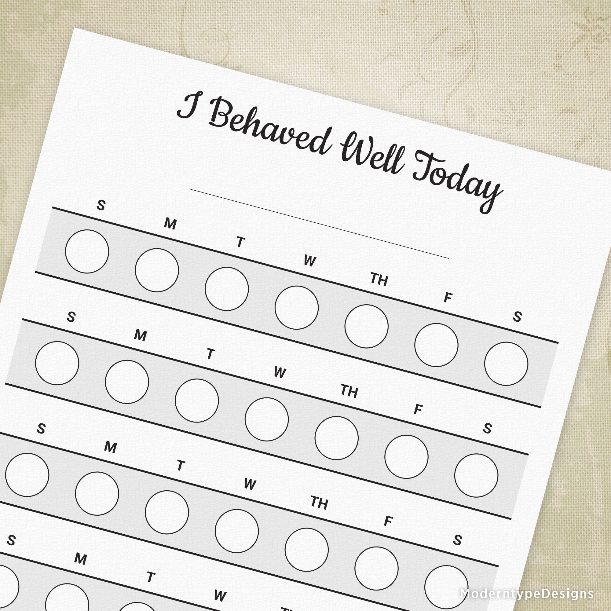 Printable behavioral chart with checkboxes for the days of the week, titled 'I Behaved Well Today'.