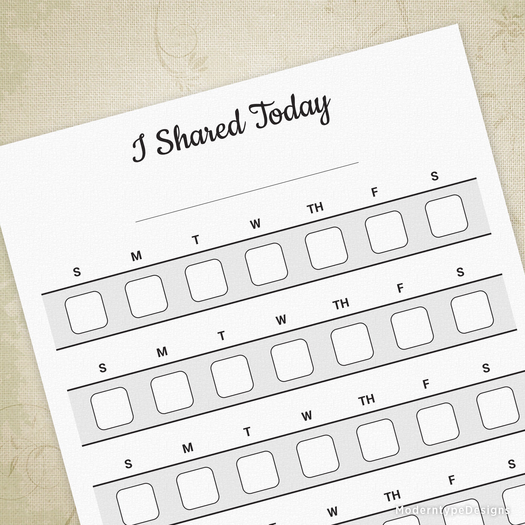 Printable 'I Shared Today' chart with checkboxes for each day of the week, designed for children to track their daily progress in sharing.
