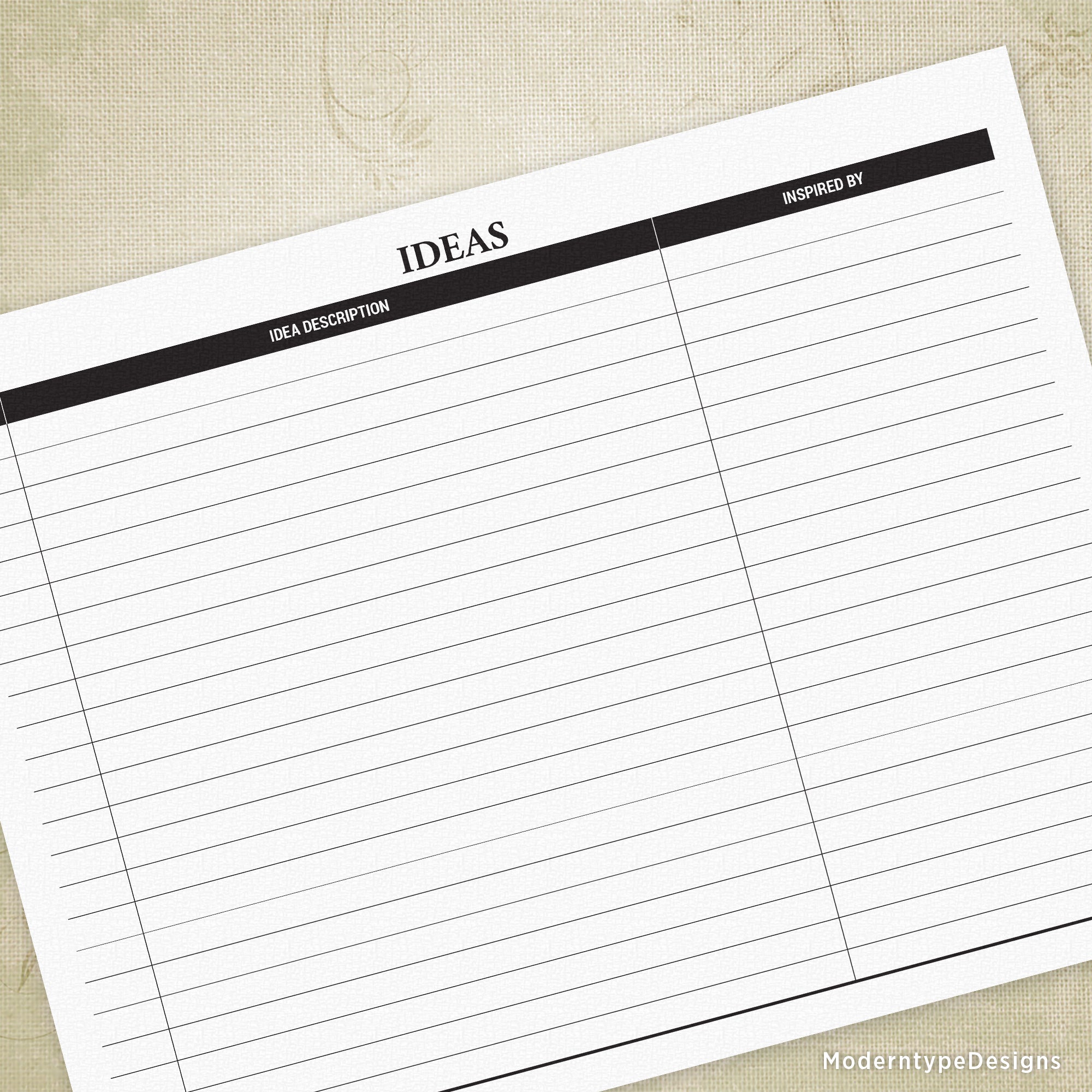 This is a PDF Ideas List Printable Form. At the top of this form is "Ideas" followed by columns for date, idea description, and inspired by.