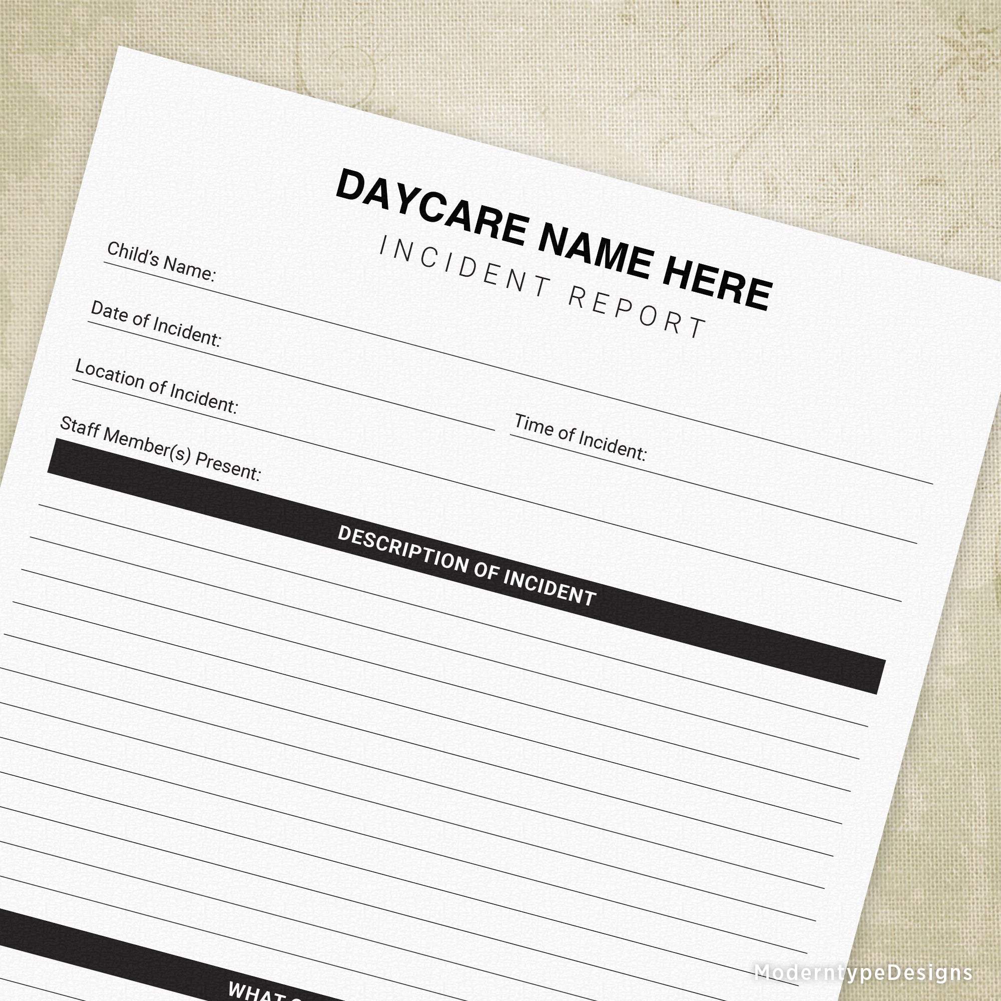 This is an Incident Report Printable Form PDF with an editable field. Customized with the name of your caregiver, home or independent daycare, summer camp, or small business, this form offers a professional way for you to give parents reports when bumps and bruises happen to their kiddos.