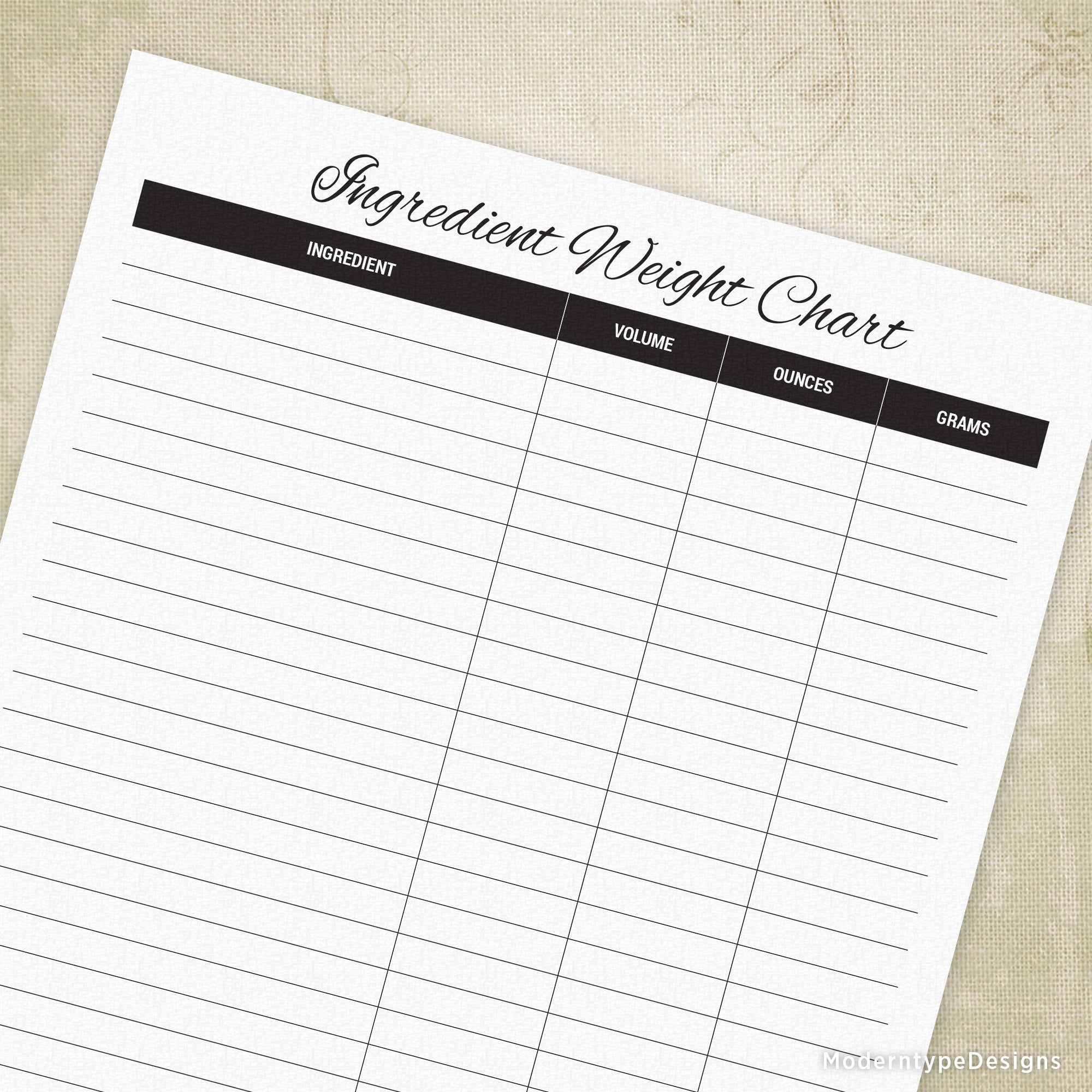 Write down the ingredient, and then its conversions on this Blank Ingredient Weight Chart Printable PDF.