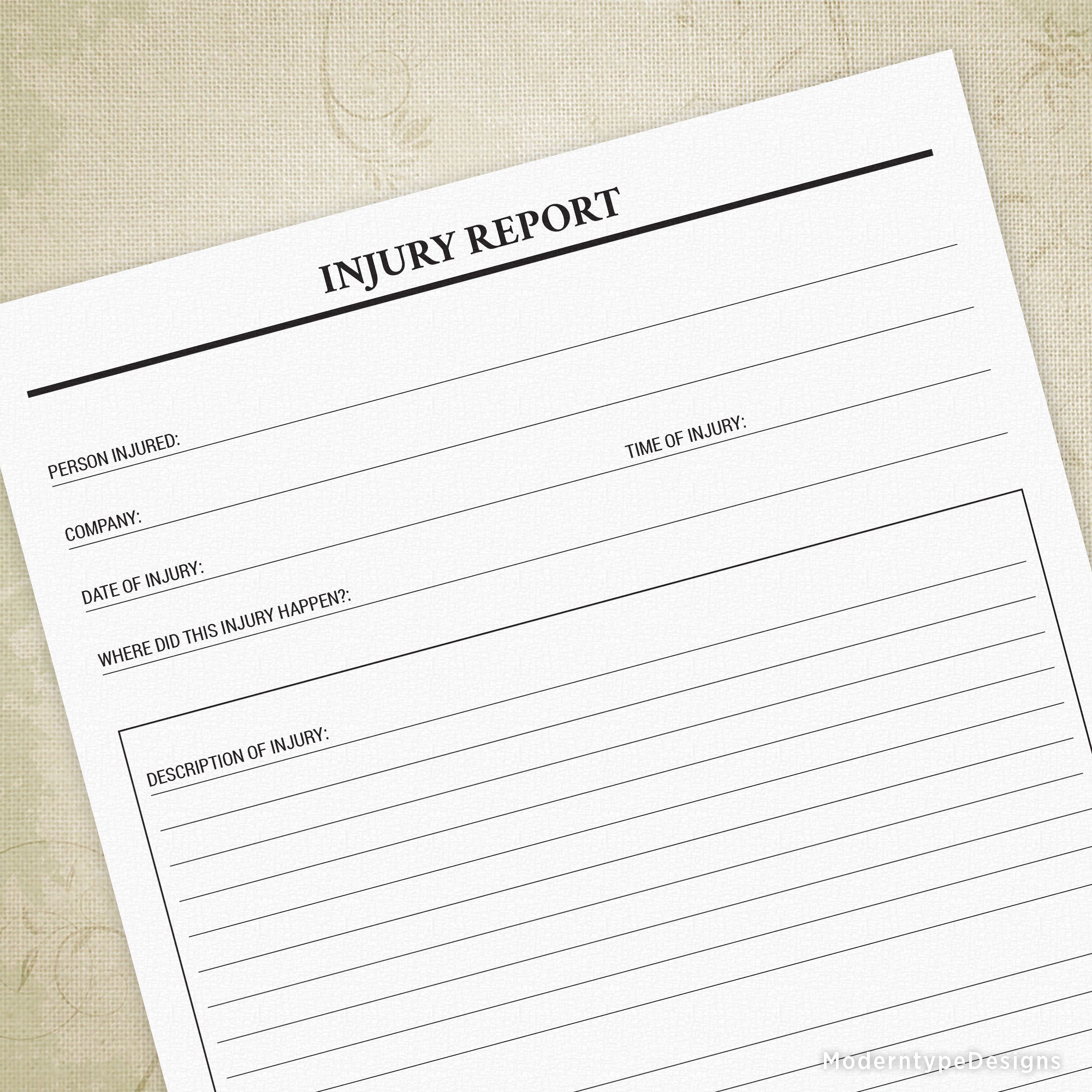 This is a Company Injury Report Printable Form PDF. This form allows an injured employee to describe what happened. Also includes an area for signatures.