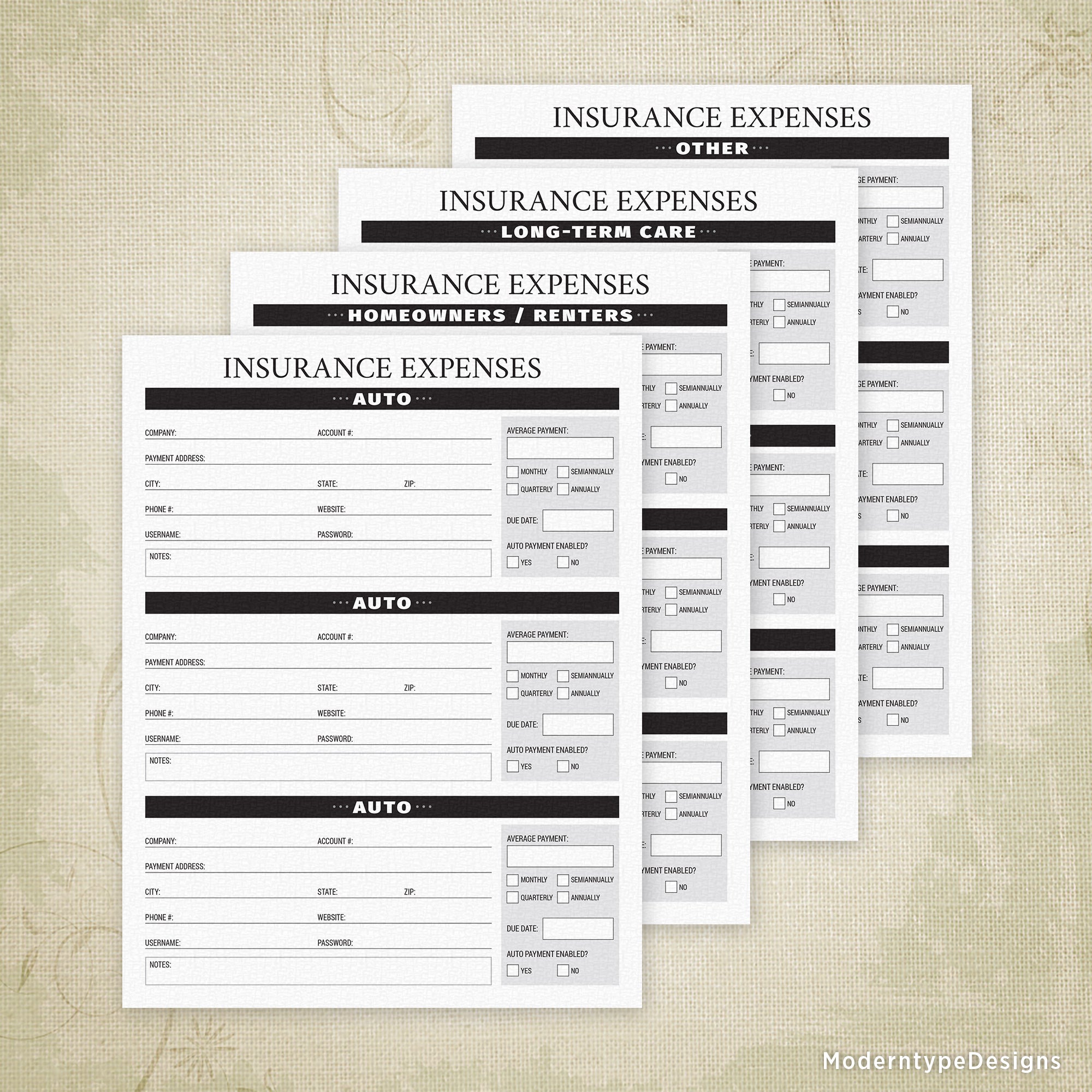 This is a 4-page PDF Insurance Expenses printable. List out all of your active insurance policies so others know what to expect in a worst-case scenario.