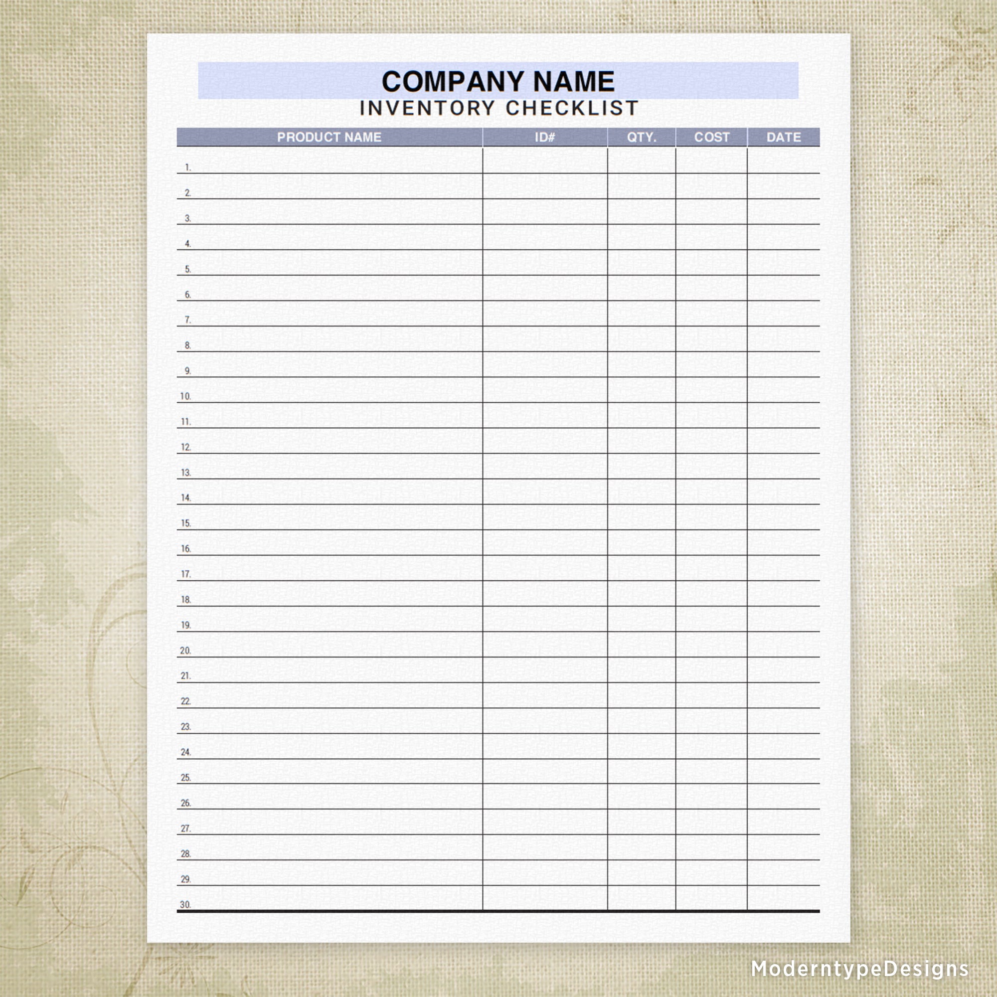 Inventory Checklist Tracker Printable, Personalized