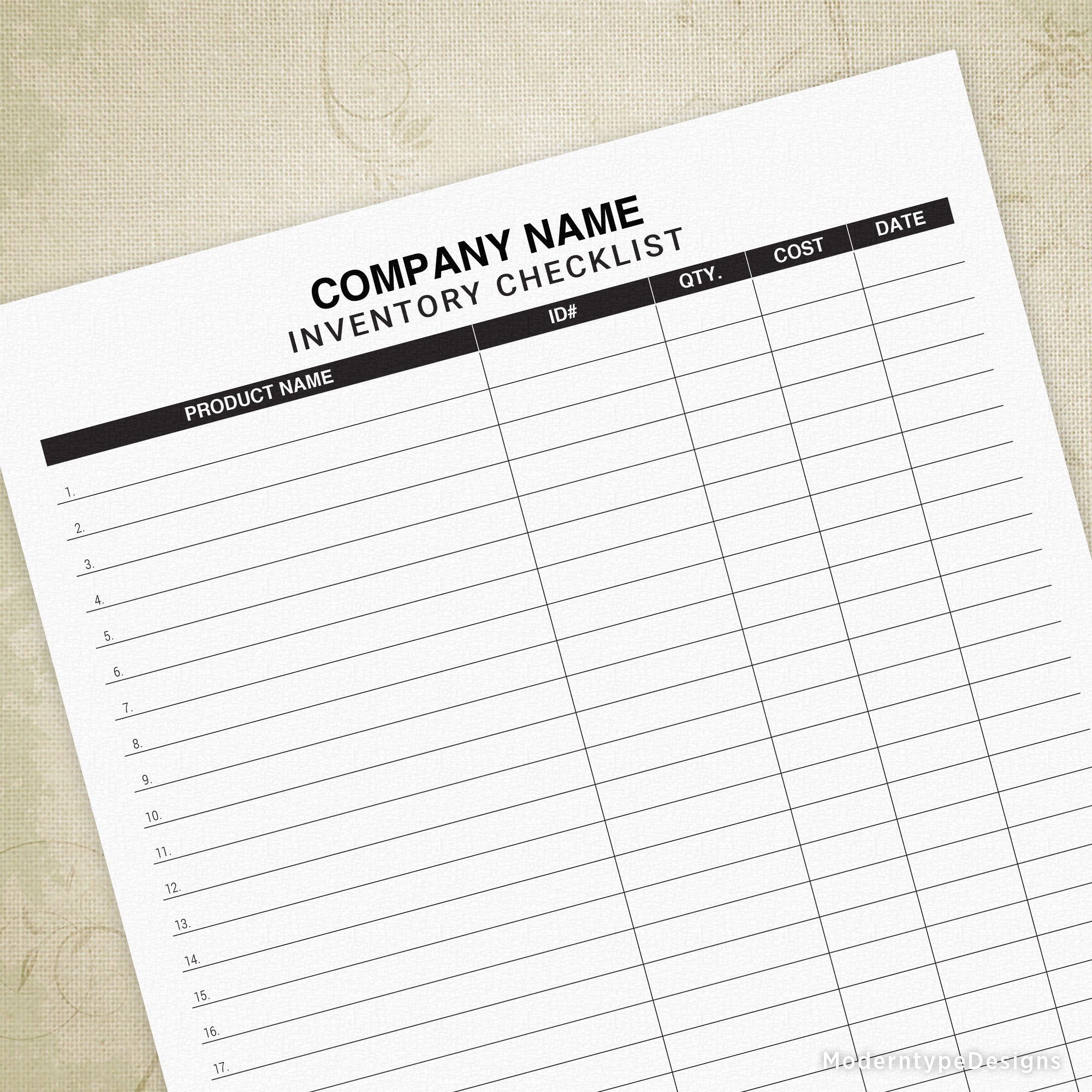 This is a Customized Inventory Tracker Checklist Printable Form template with editable fields. This PDF is fantastic for customizing your very own Inventory Checklist Form with your specific company information. "Inventory Checklist" at the top and the numbers along the side cannot be edited.