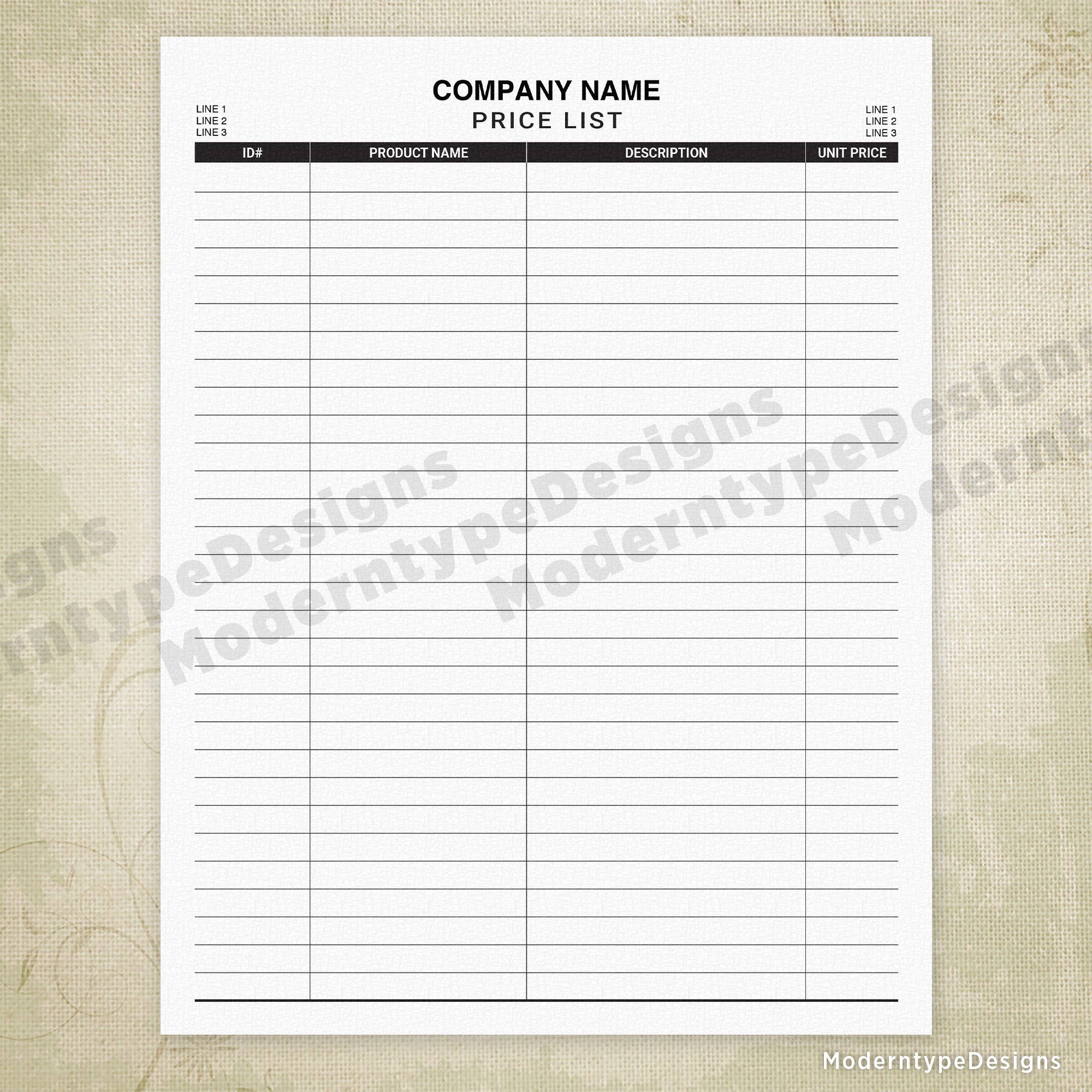 Price List Printable Form, Editable