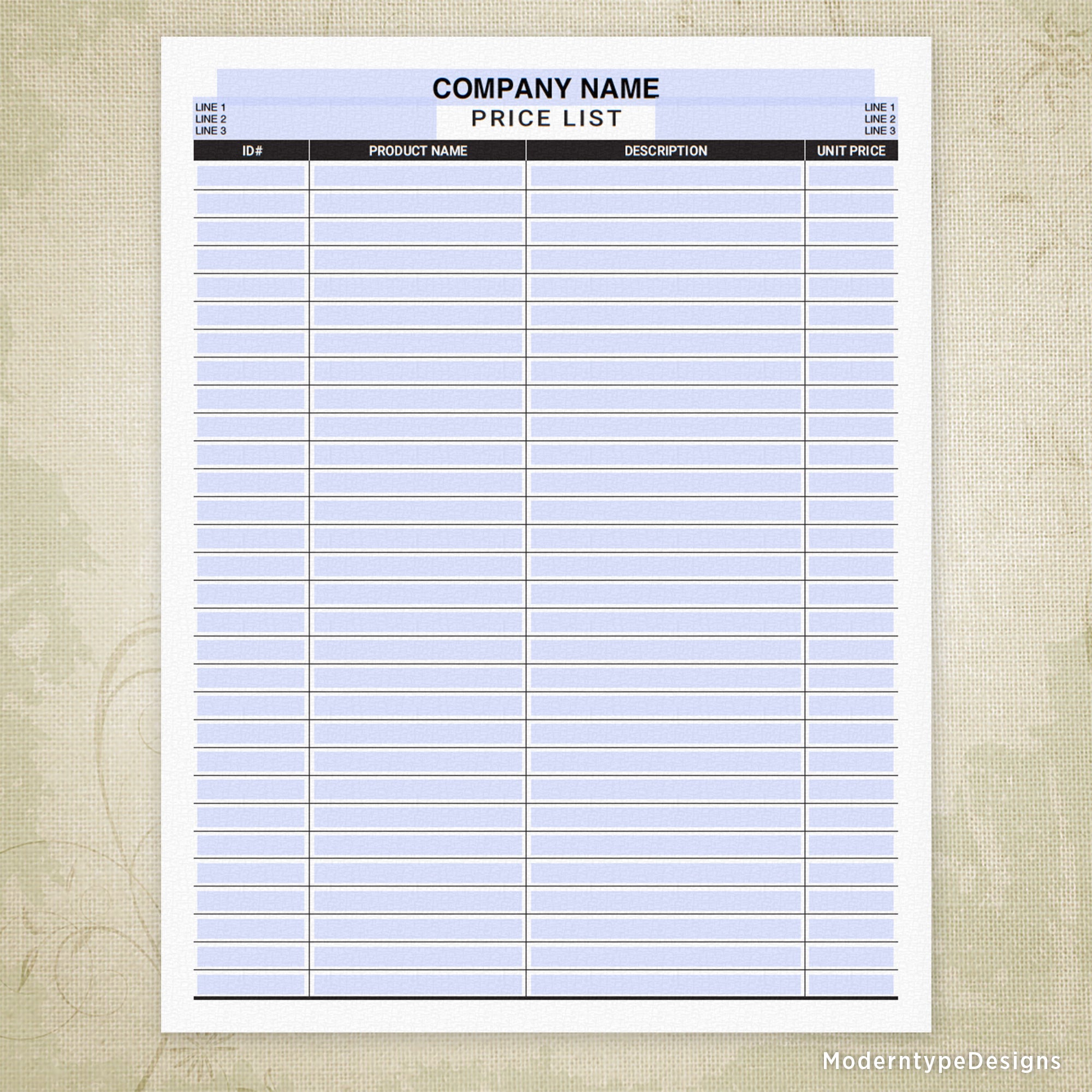 Price List Printable Form, Editable