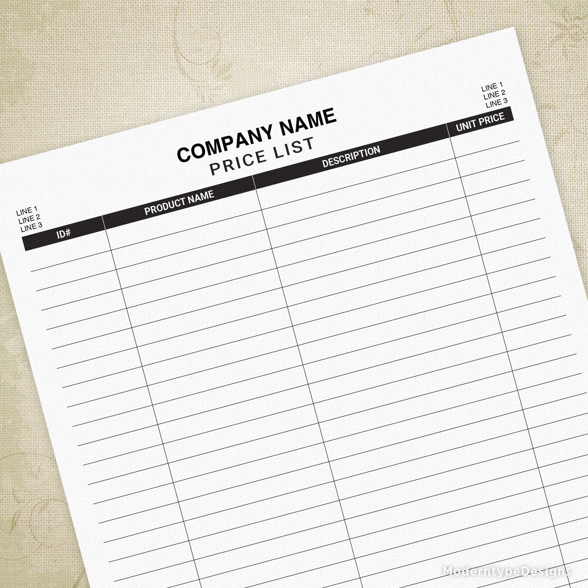 Editable price list printable form with company name and product price listings.