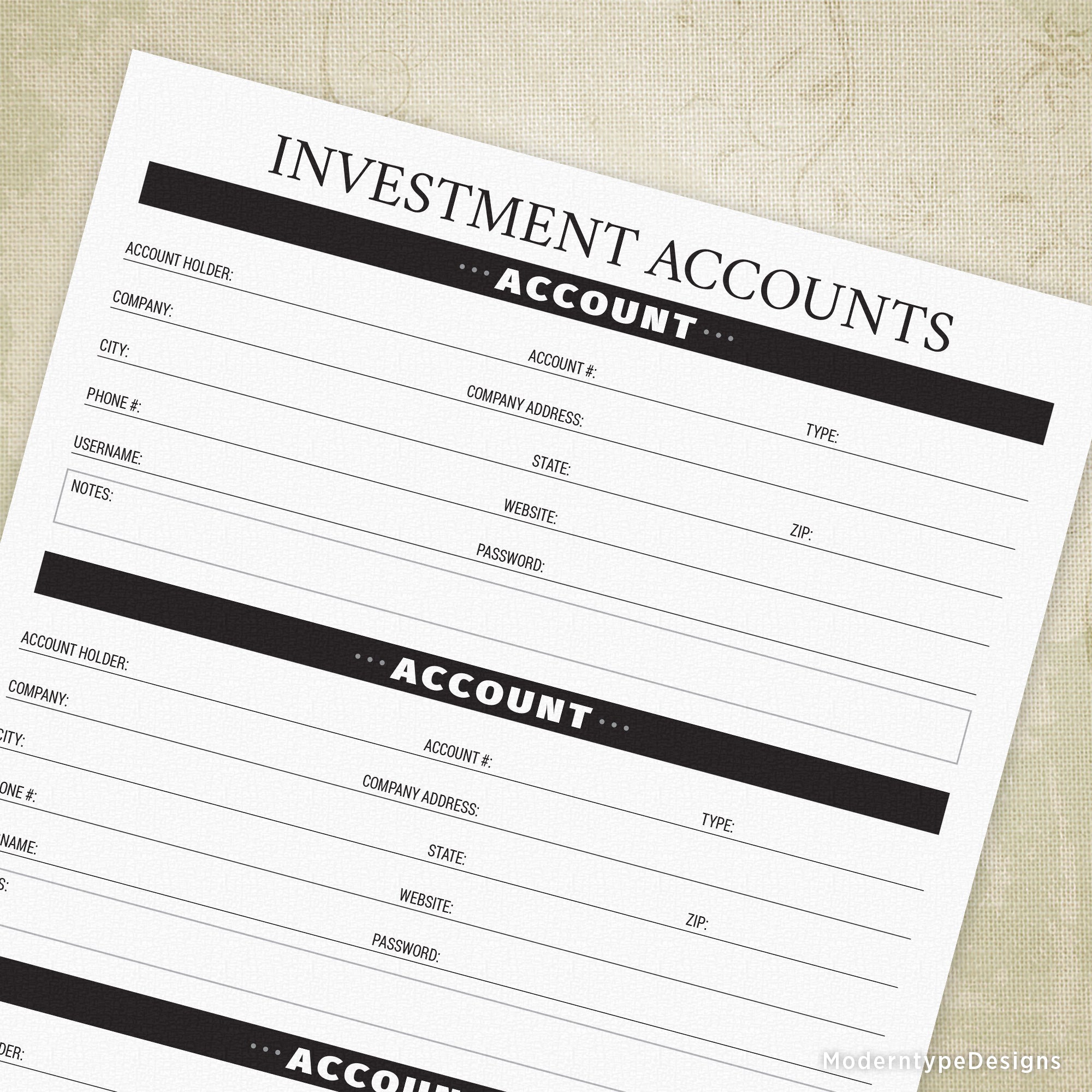 Investment accounts are just a fraction of what you have to keep track of for retirement. Print this Investment Accounts PDF, fill it out, and place it in your safest spot. Don't worry if you have multiple accounts, just print more!