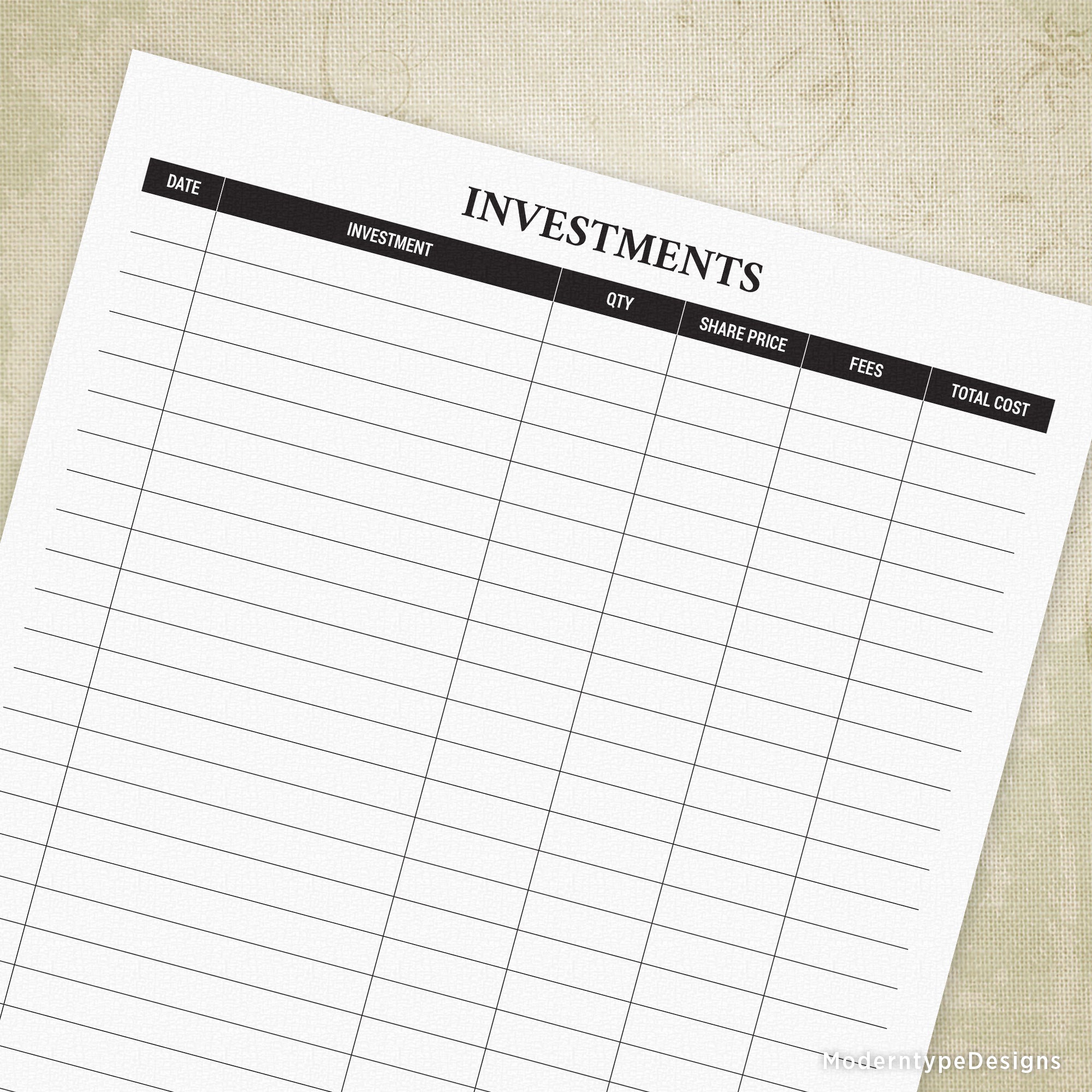 Printable investment form with sections for investment name, description, amount, and notes, on a light background.