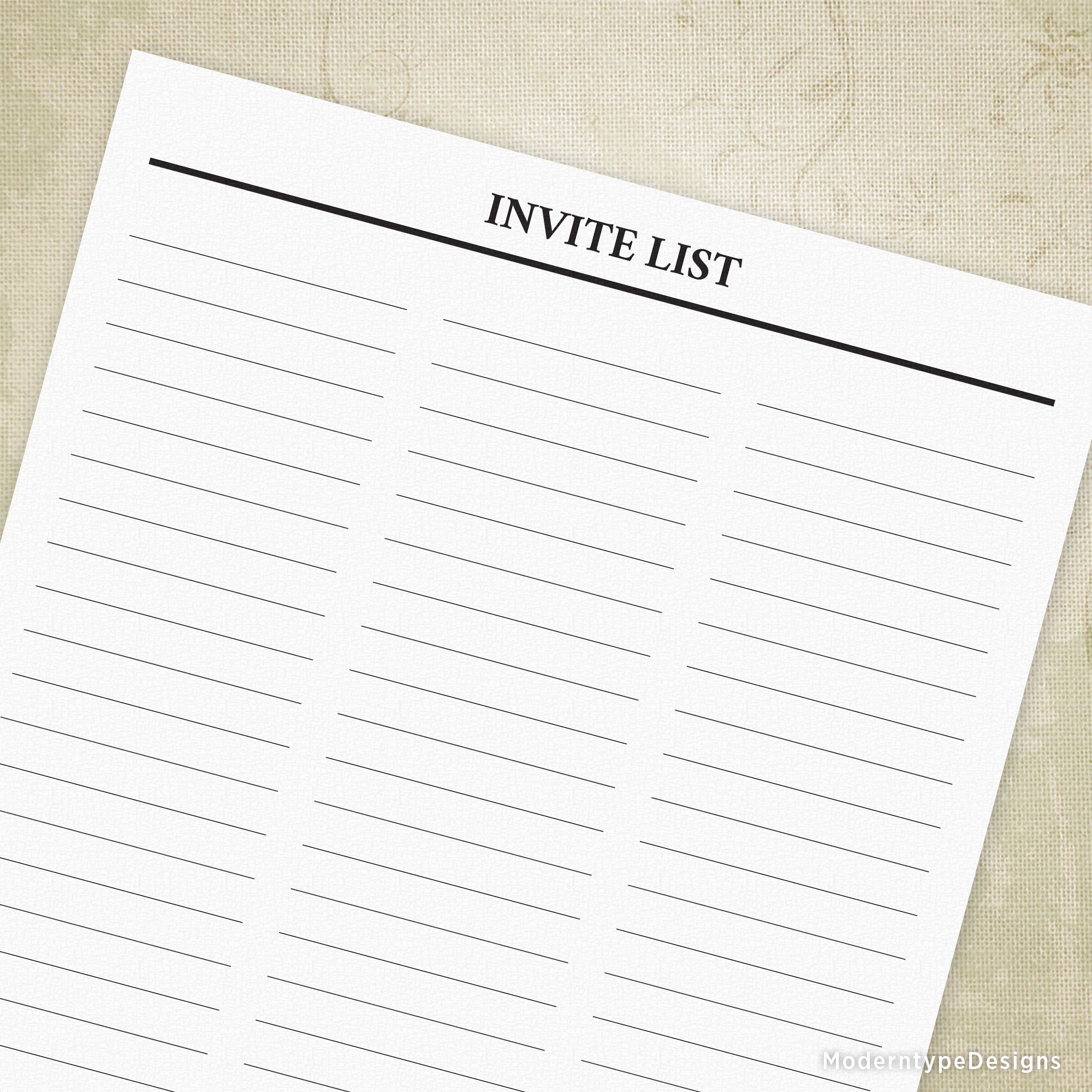This is a basic PDF Invite List Printable. Includes lines to write in 75 names.