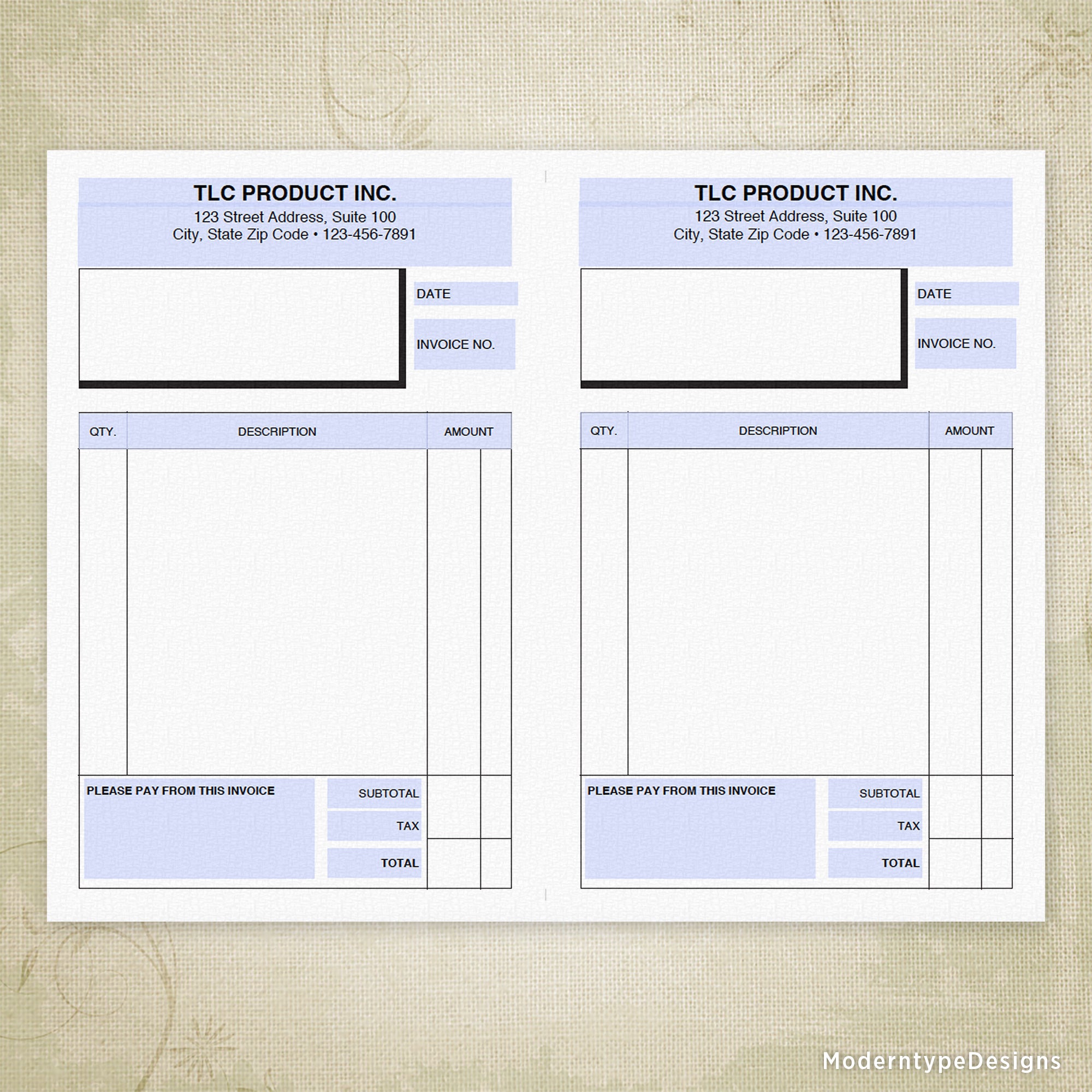 Invoice Form Printable, 5.5 x 8.5" Half Sheet, Personalized, #1