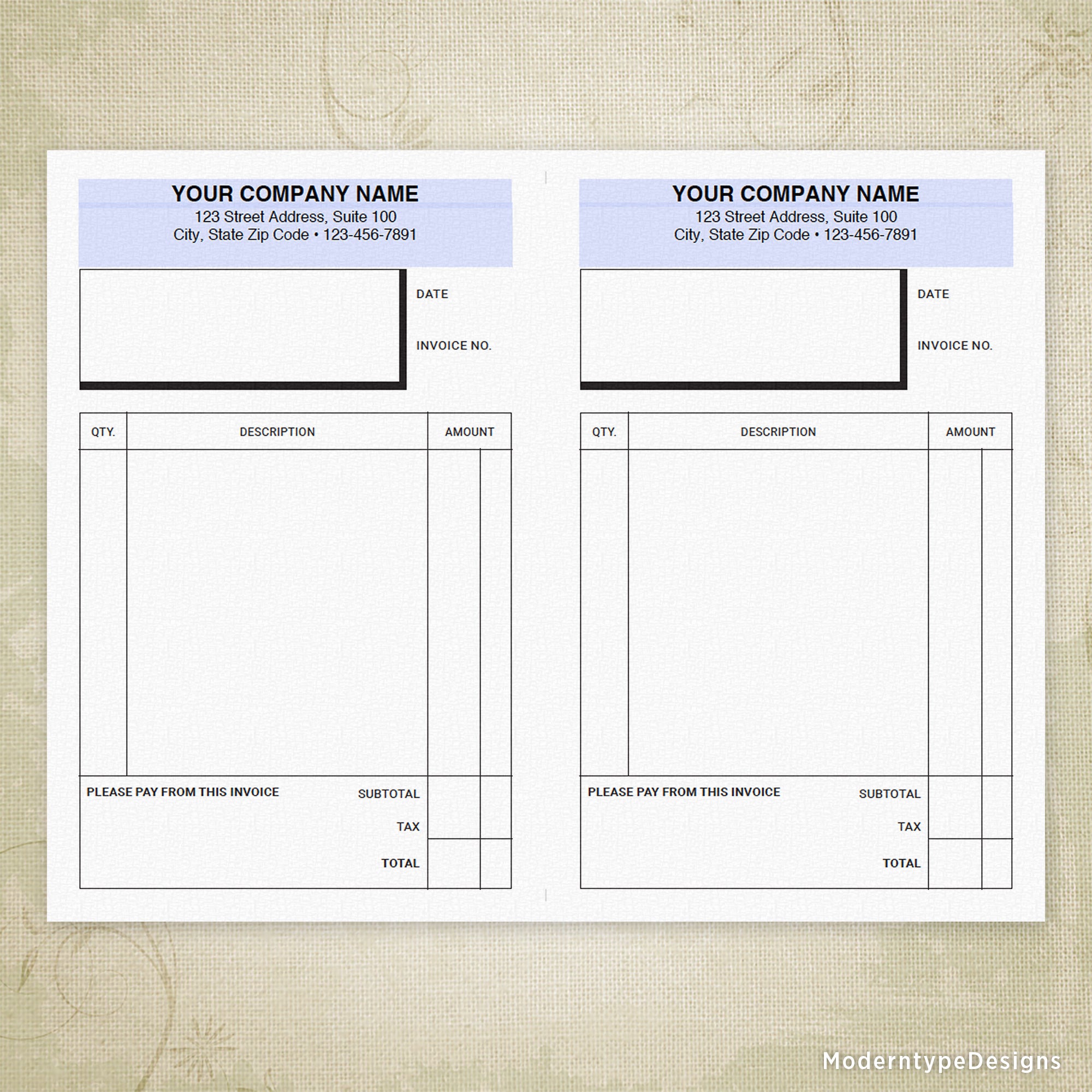 Invoice Form Printable, 5.5 x 8.5" Half Sheet, Personalized, #3