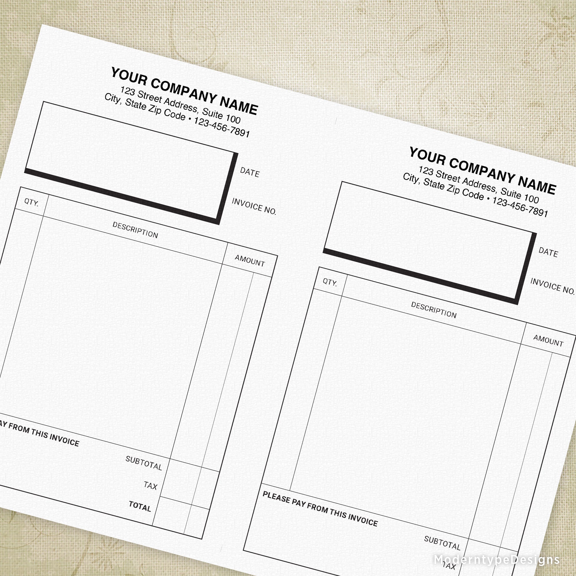 Invoice Form Printable, 5.5 x 8.5" Half Sheet, Personalized, #3