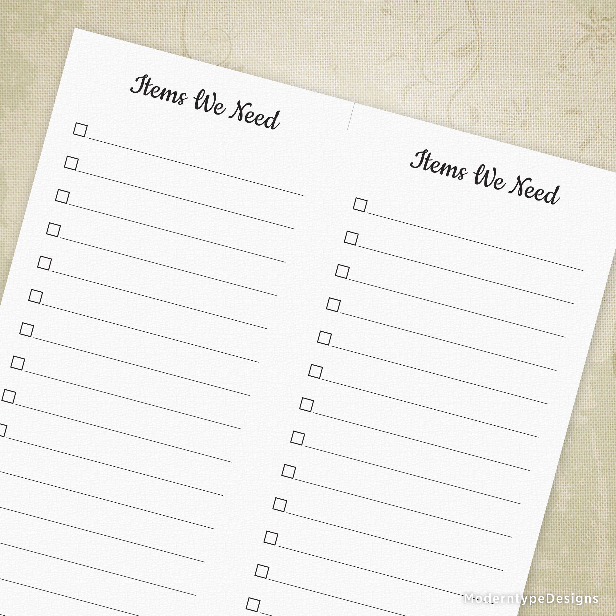 Two printable grocery lists laying on a surface, the first with the title 'ITEMS WE NEED' in bold and the second with the title 'THINGS WE NEED' in bold. Both have a lot of blank lines for writing.