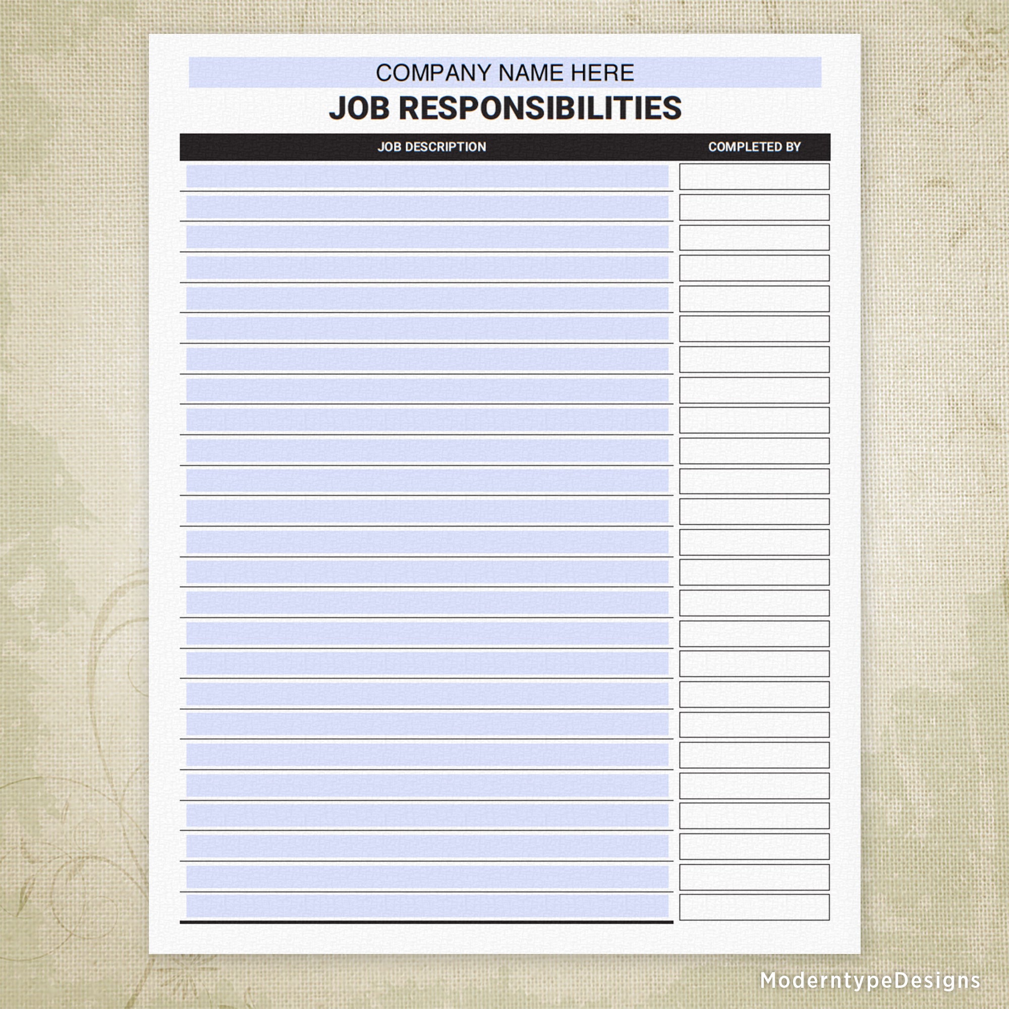 Job Responsibilities Checklist Printable, Editable