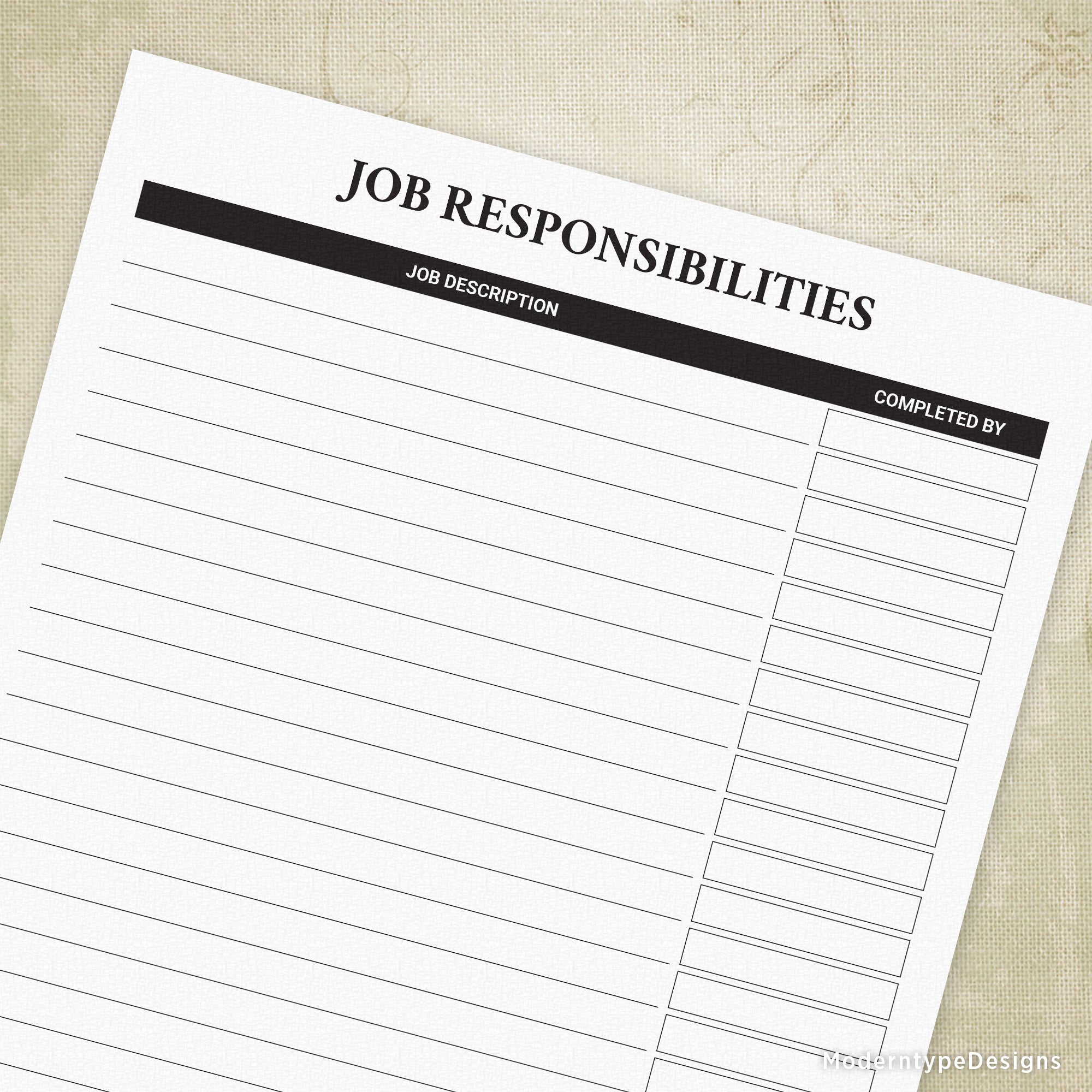This is a PDF Job Responsibilities Checklist Printable Form PDF. Includes columns for Job Description and Completed By.