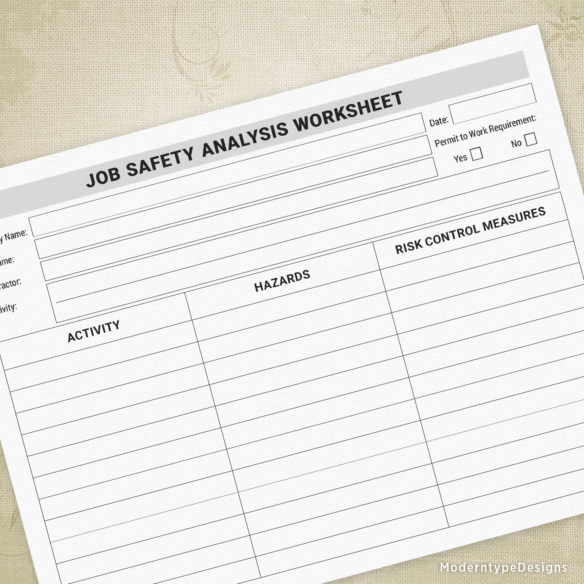 A printable Job Safety Analysis Worksheet with sections for job title, hazards, and risk control measures.