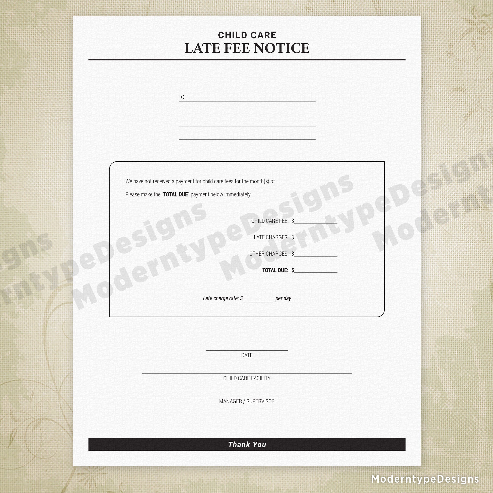 Late Fee Notice for Child Care Printable