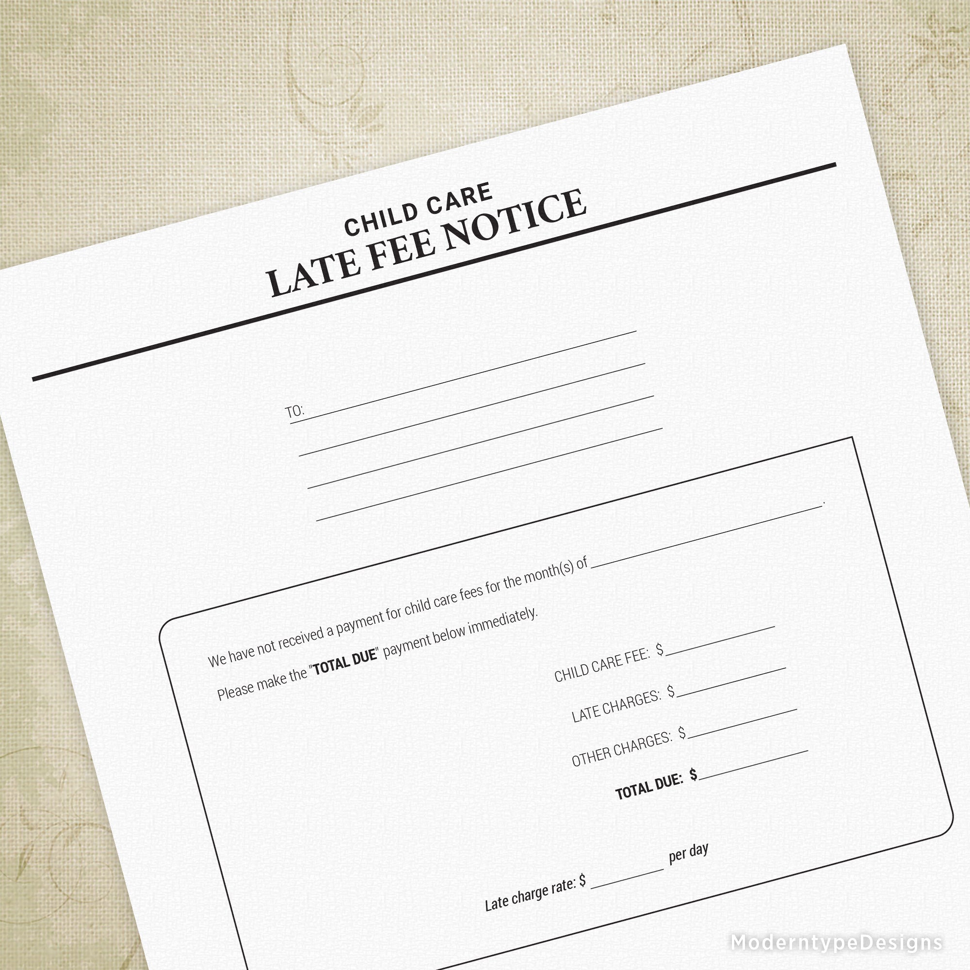 This is a printable PDF Late Fee Notice for Child Care form. Use for delinquent payments at your place of business.