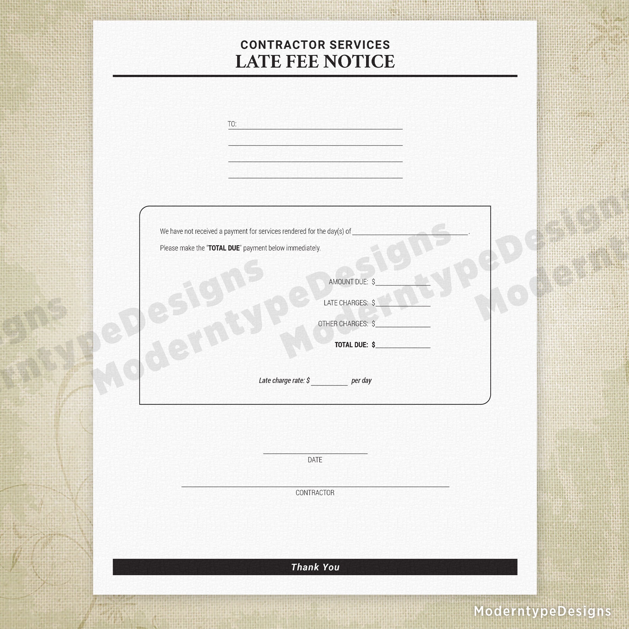 Late Fee Notice for Contractor Services Printable