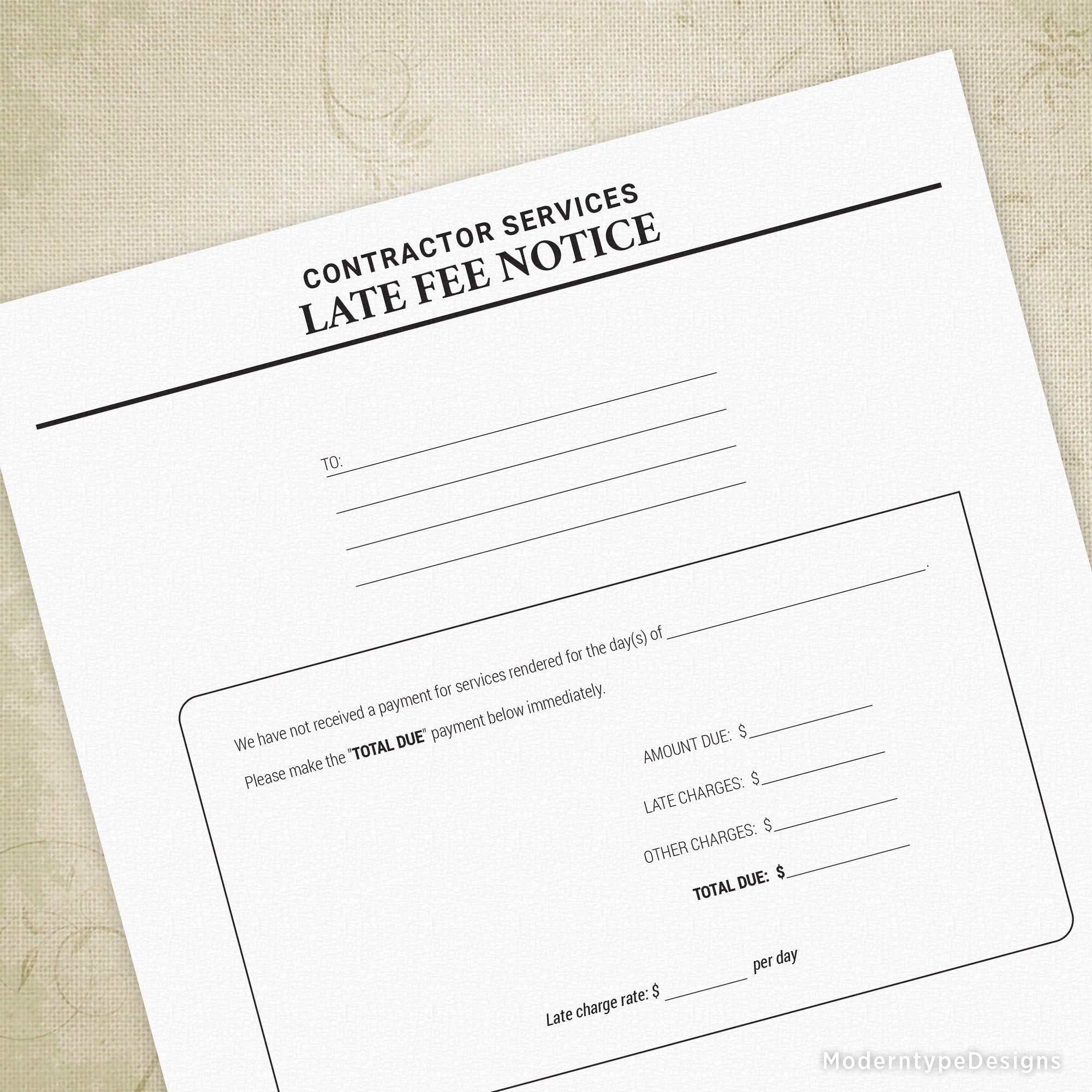 A printed late fee notice form for contractor services with fields for total due, late charge rate, and other charges, along with a section titled 'Please make the Total Due payment below immediately'. The form has a header and a footer with a floral design on the paper.