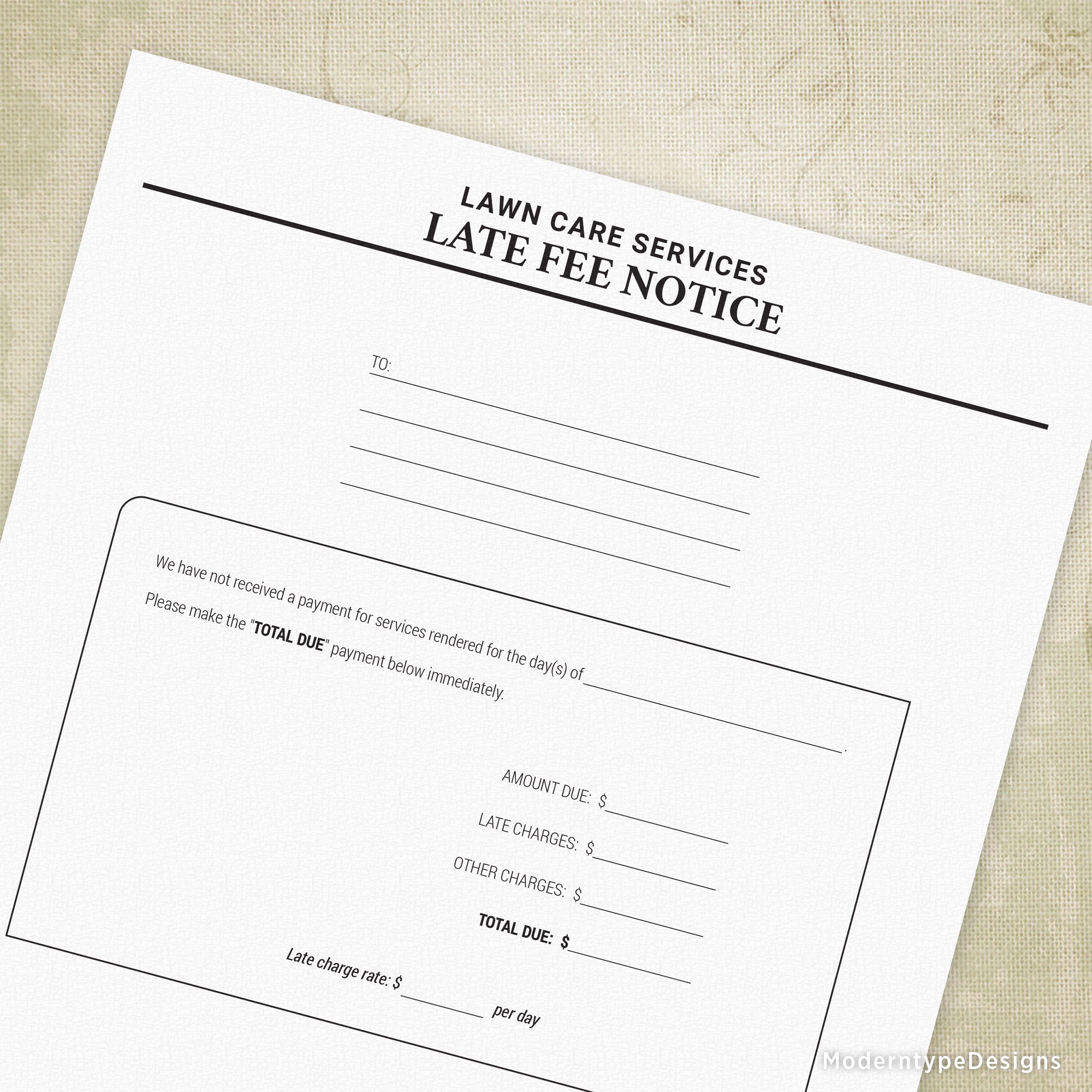 This is a printable PDF Late Fee Notice for Lawn Care Services form. Use for delinquent payments at your place of business.