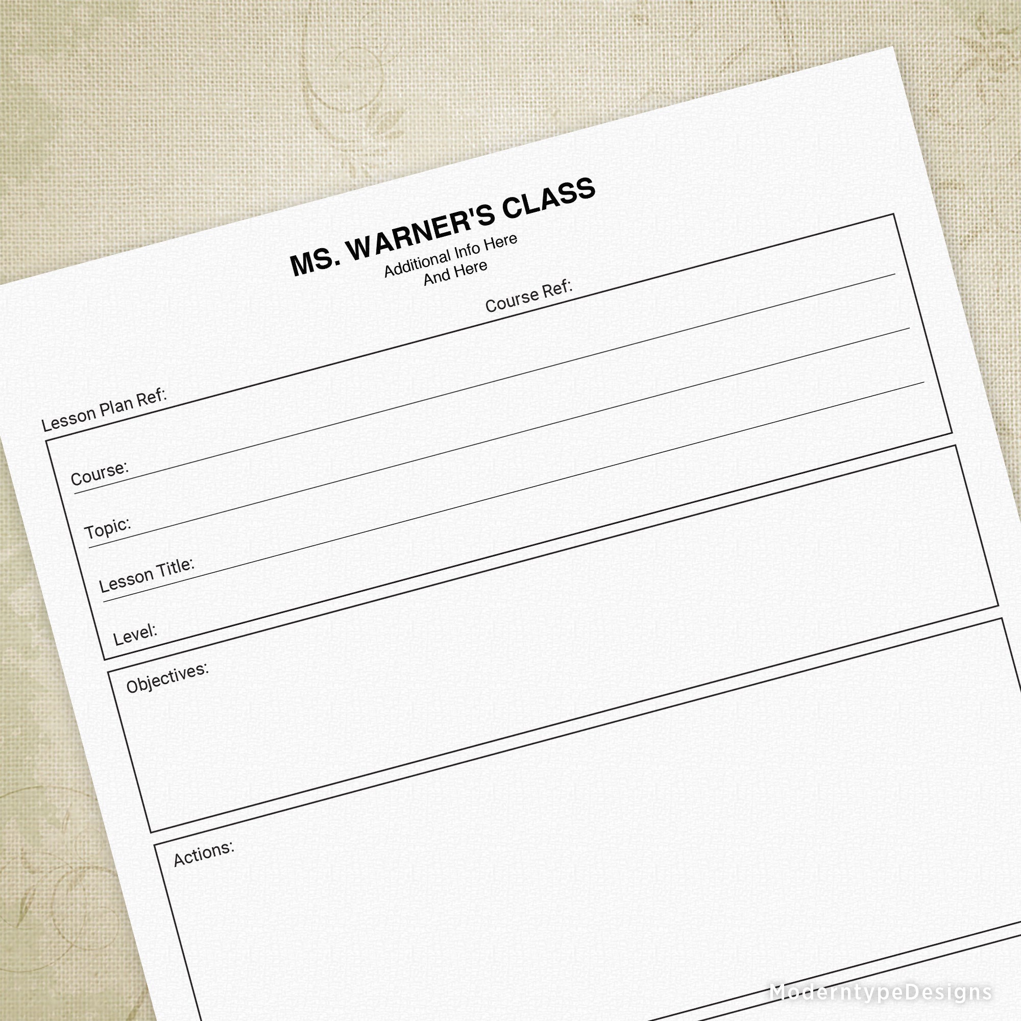 Editable PDF lesson planner with two fields at the top for personalized information, predominantly in black with blue highlighted text.