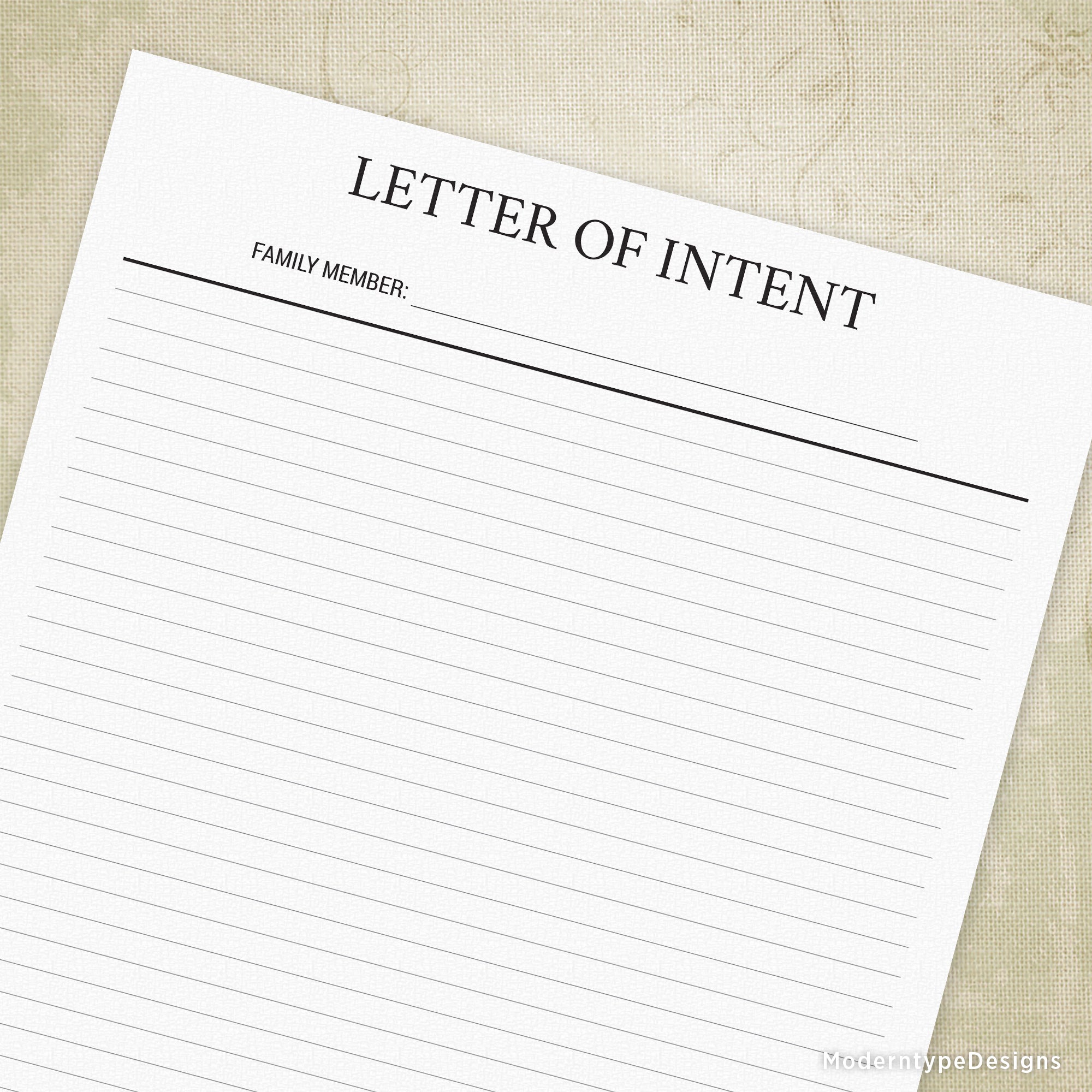 This simple Letter of Intent Printable PDF conveniently has horizontal lines for easier writing and also has a space at the top to write which family member it is regarding. Once you have written your letter, keep it in a safe place so it can last a long time.