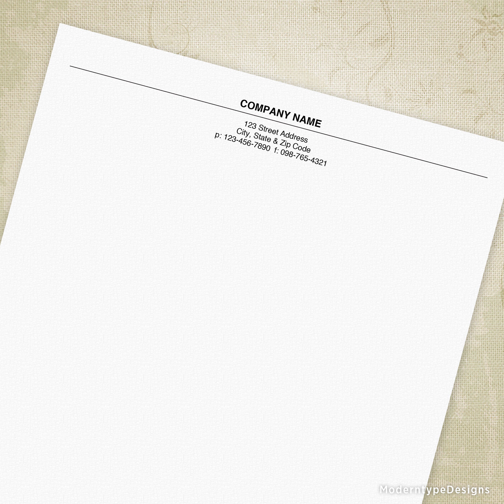 A printable letterhead template with two editable fields, one for company name and another for personalized text, set on a plain background.