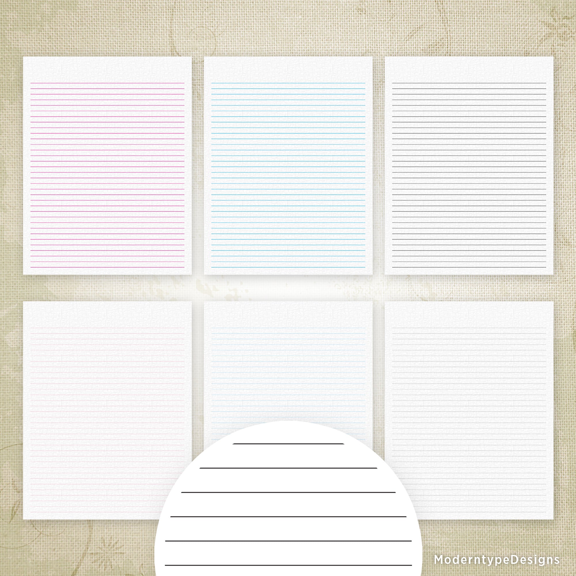 Four printed lined digital paper sheets in different colors (pink, blue, white, and black) arranged in a grid layout with a visible corner hole for printing.