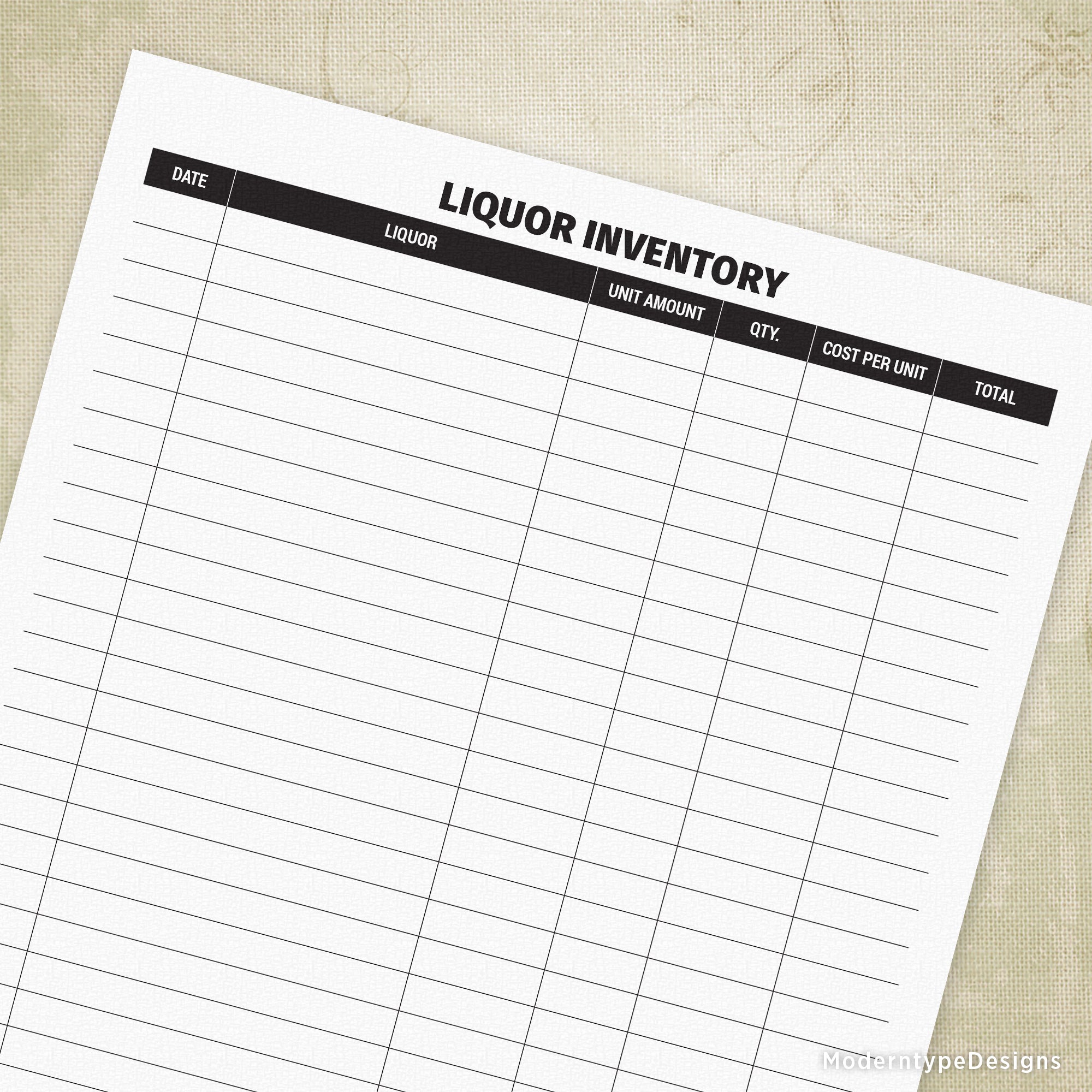 Keep a record of your liquor inventory with this instant download. Print this PDF and handwrite in the date, liquor, unit amount, quantity, cost per unit, and then the total.