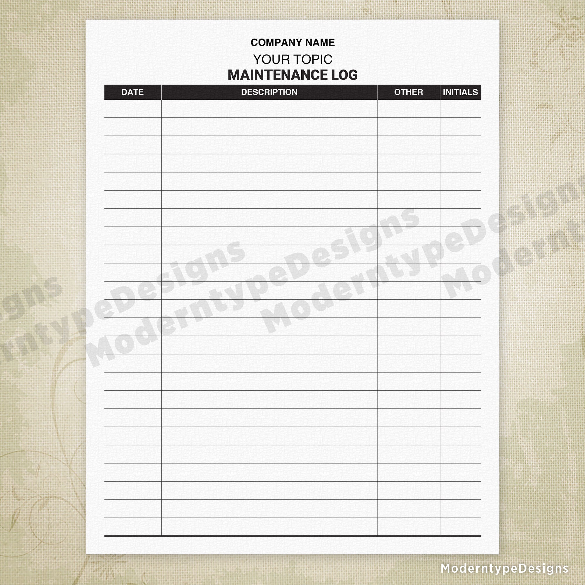 Maintenance Log for Businesses Printable, Personalized
