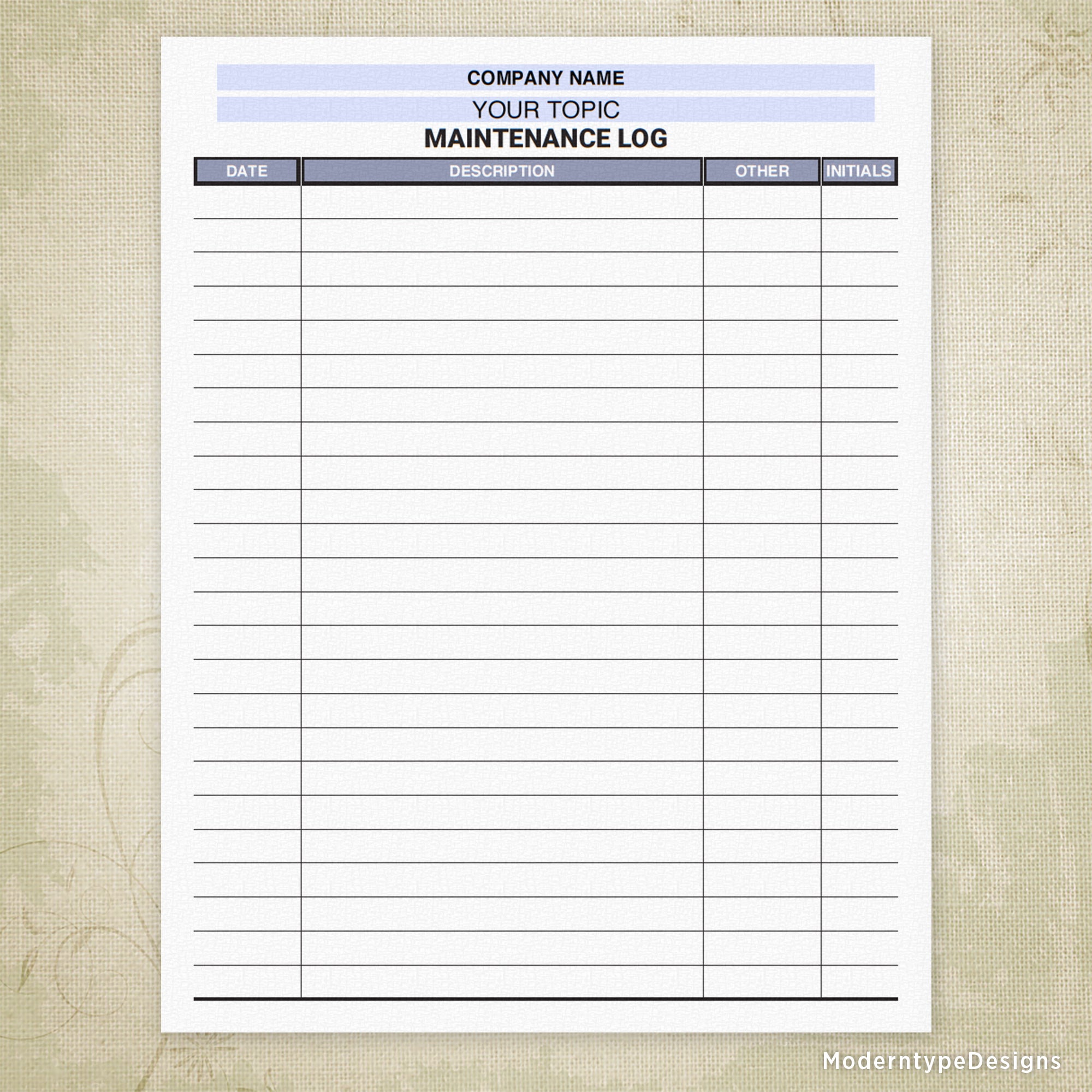 Maintenance Log for Businesses Printable, Personalized
