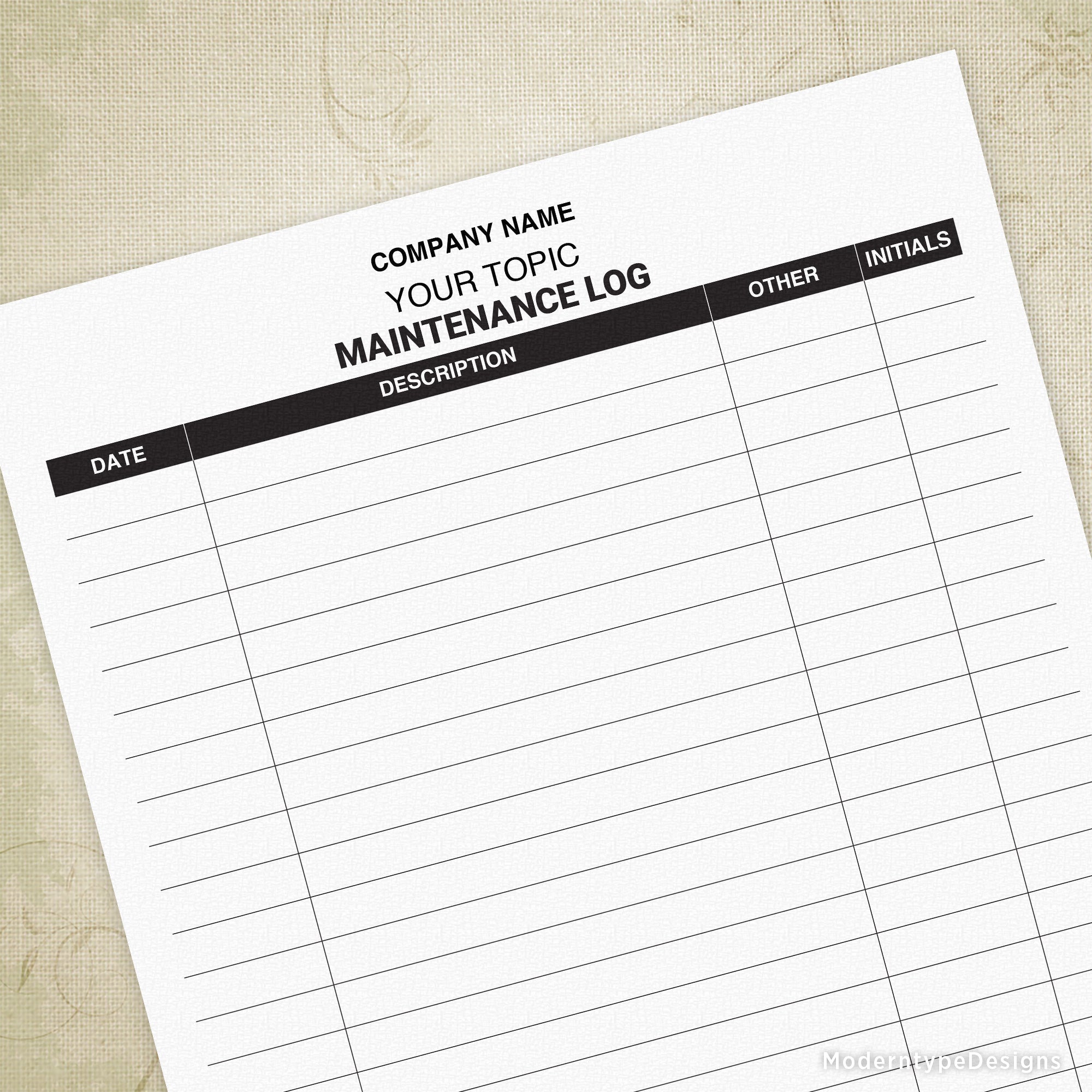 Editable PDF maintenance log form with fields for company name and other details, laid out on a surface.