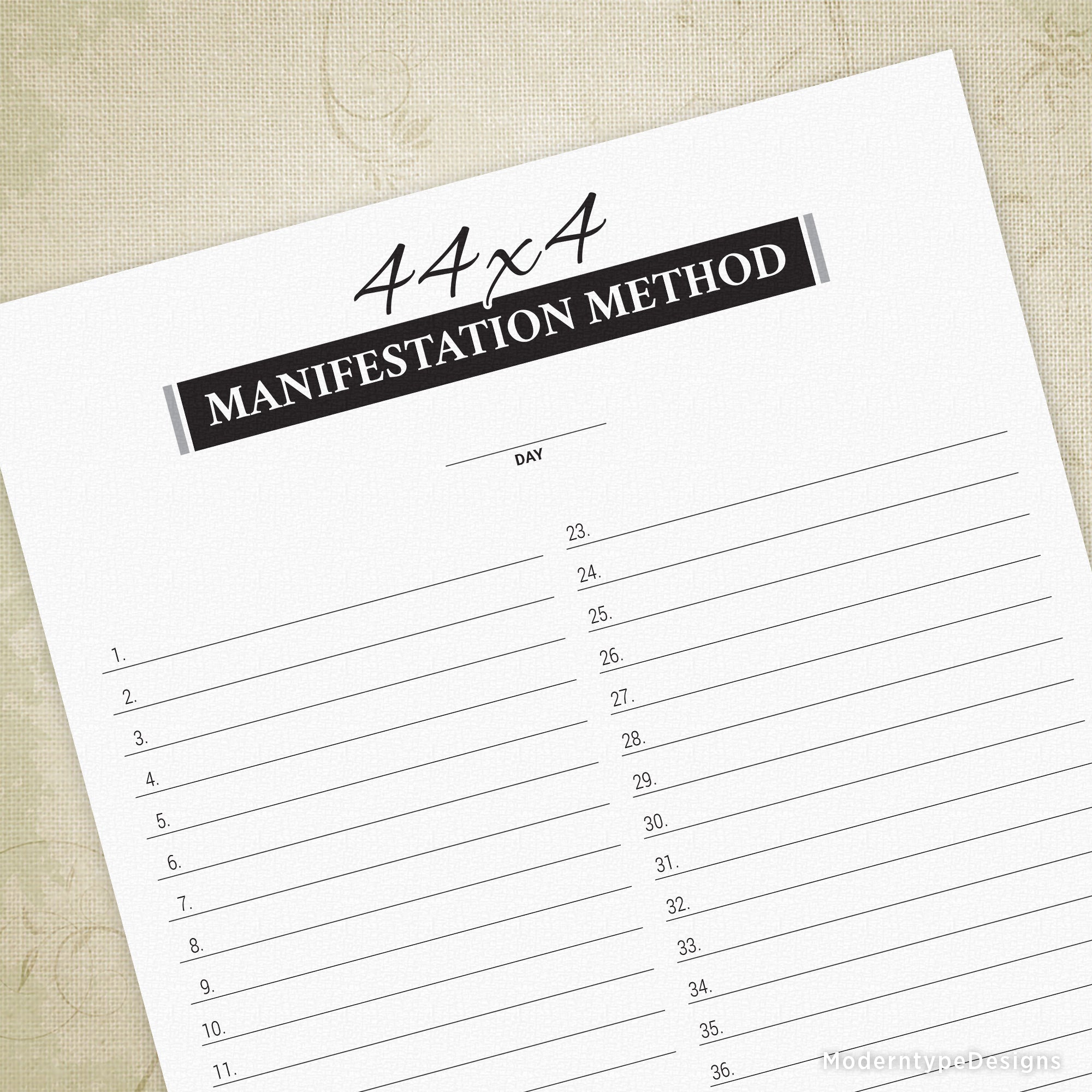 A printable 44x4 Manifestation Method PDF with black content and white margins, designed for tracking personal goals and affirmations.